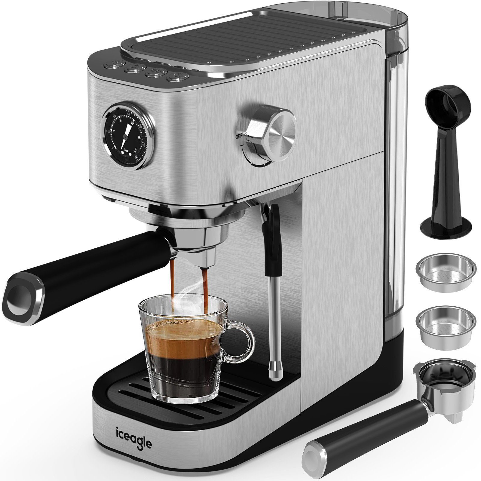 iceagle Espressomaschine EMC005 Professionelle Espressomaschine, mit Milchaufschäumer, Korbfilter, mit Profi-Milchaufschäumer,20 Bar Hochdruckpumpe,mit 1L Wassertank
