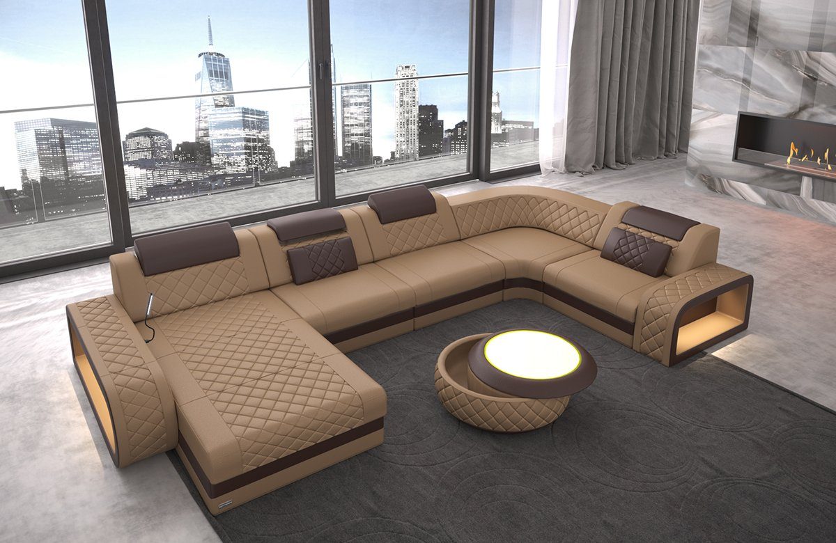 Sofa Dreams Wohnlandschaft Ledercouch Sofa Leder Berlin U Form Ledersofa, Couch, mit LED, wahlweise mit Bettfunktion als Schlafsofa, Designersofa