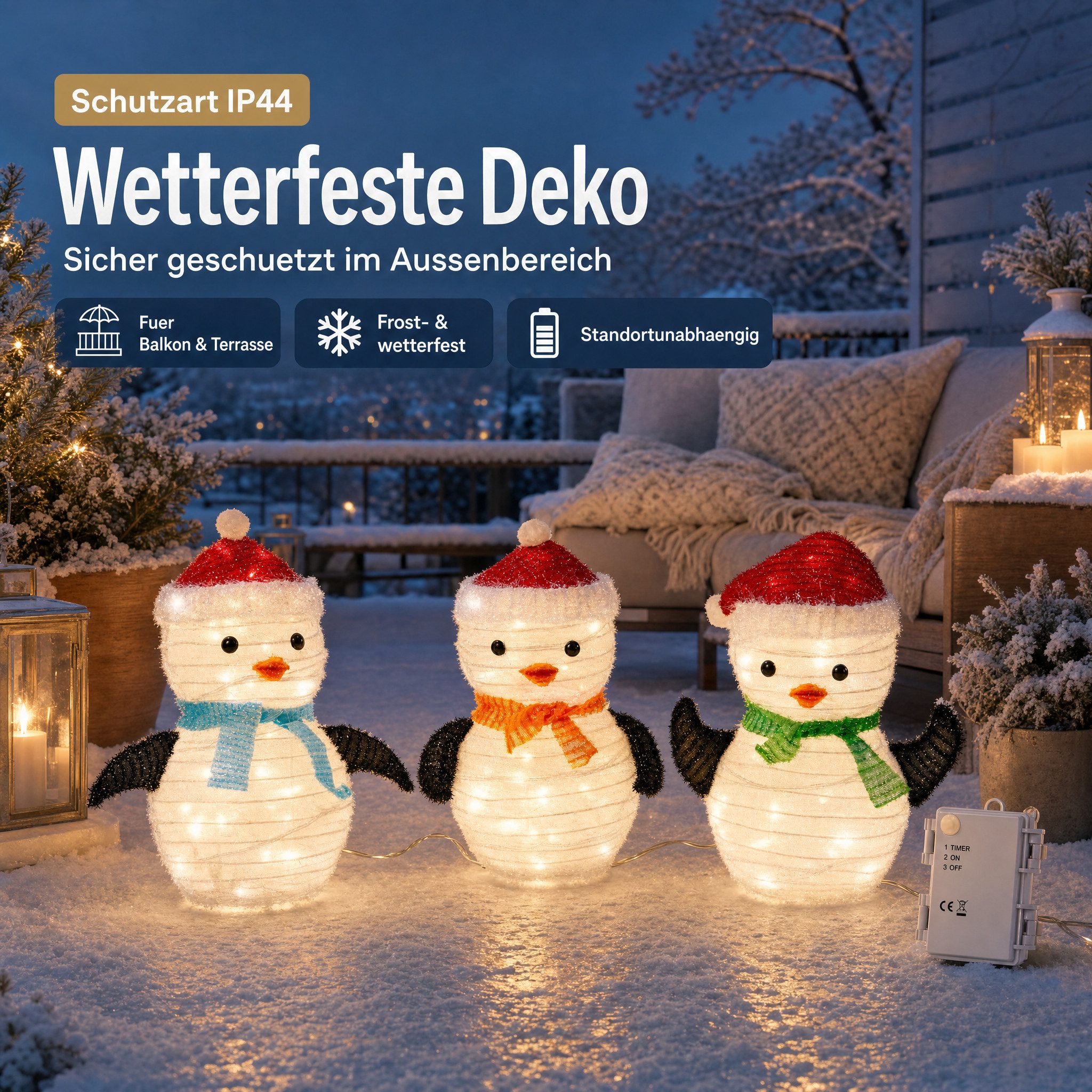 Northpoint Weihnachtsfigur LED Weihnachtsfiguren mit integriertem Timer 3er Set Pinguin, zusammenfaltbar für Innen und Außen Gartendekoration Winterdekoration – Bild 5 von 5