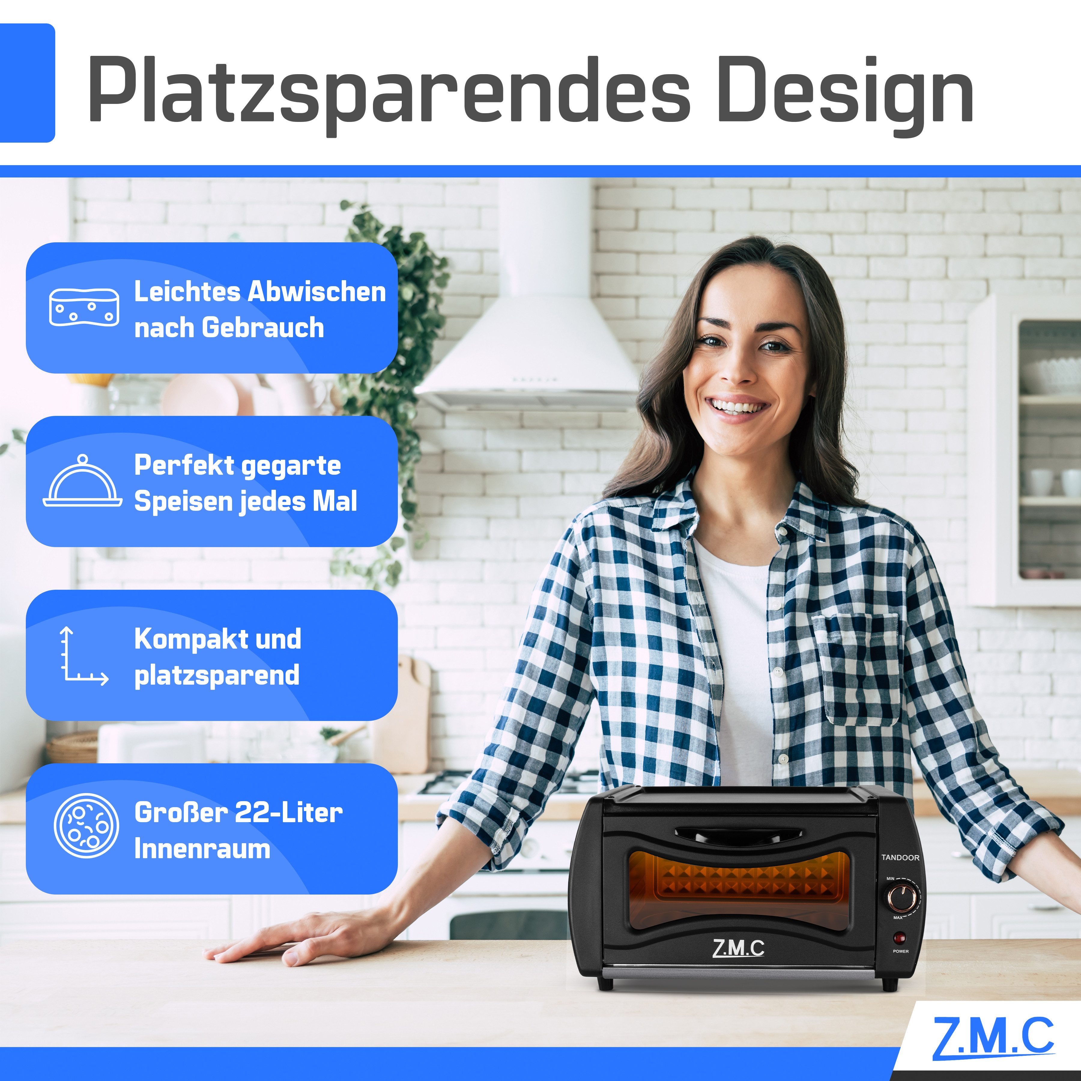 ZMC Minibackofen Mini Tandoor 2100W 22L - Minibackofen für Lahmacun Pizza Naan und Brot, Ofen Inklusive Backblech und Grillrost. Kompakt, schnelles Aufheizen