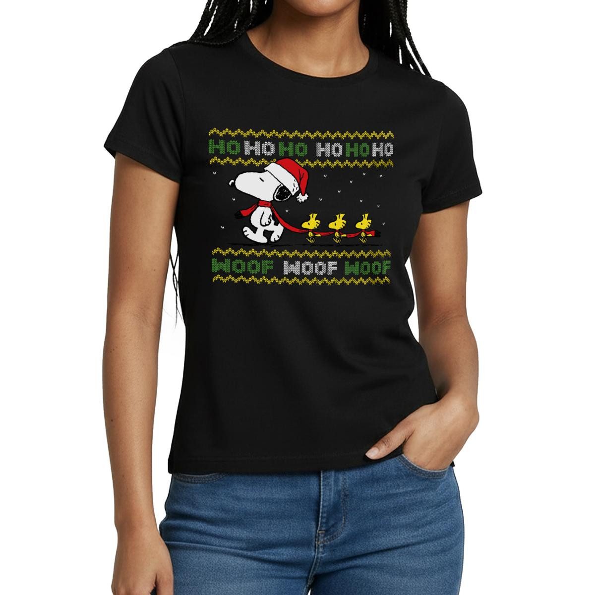 Spreadshirt T-Shirt Peanuts Snoopy Hohoho Ugly Christmas Weihnachten Frauen T-Shirt (1-tlg) Slim Fit, fällt klein aus