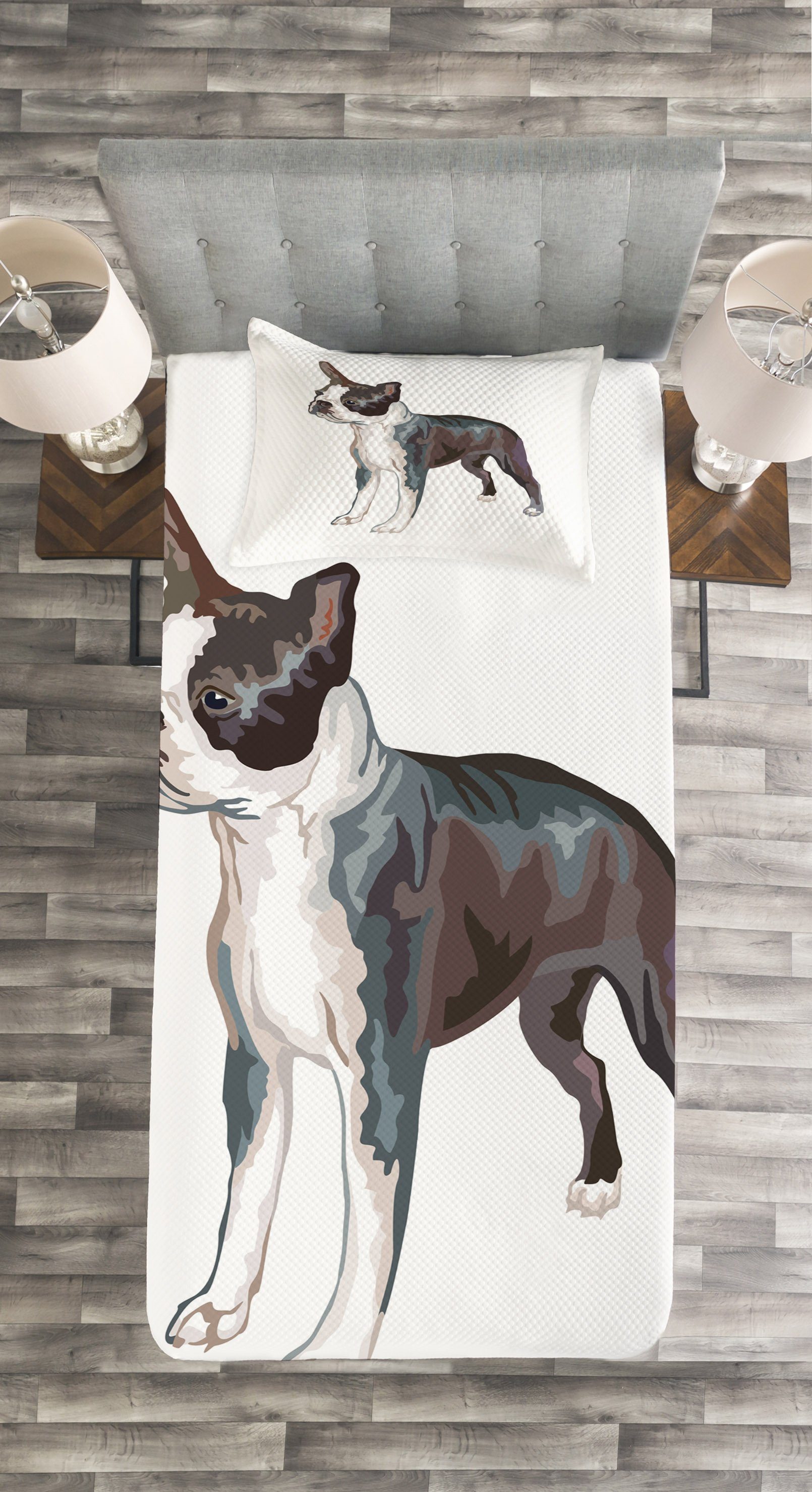 Boston Terrier Tagesdecke Abakuhaus, mit Kissenbezügen Profil-Portrait Waschbar, Set