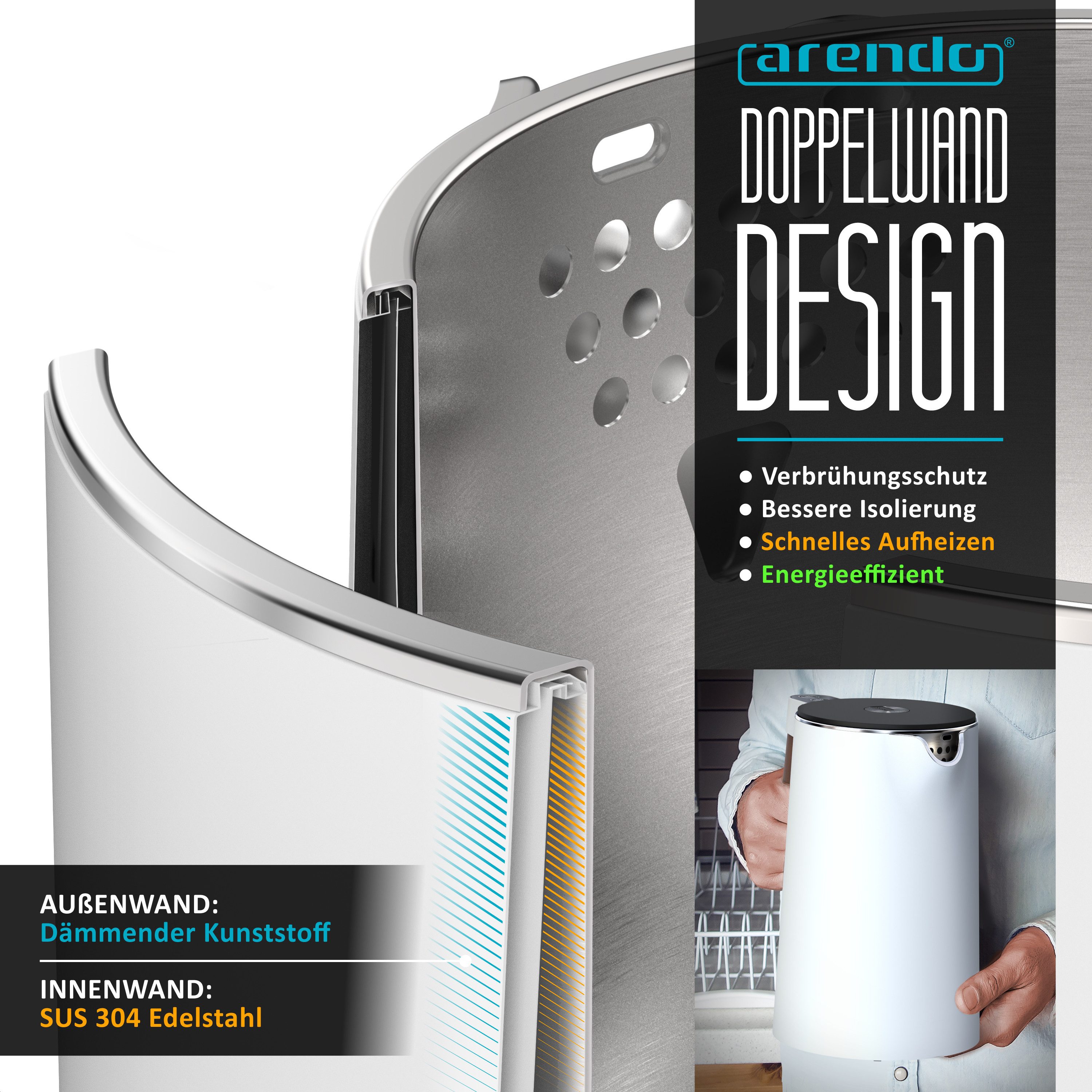 Arendo Wasserkocher Edelstahl, Doppelwand, Temperatureinstellung 40° - 100 °C mit Anzeige, 1,5 l, 2200 W, Warmhaltefunktion, 360° Basis, mit Griff in Holzoptik, BPA-frei