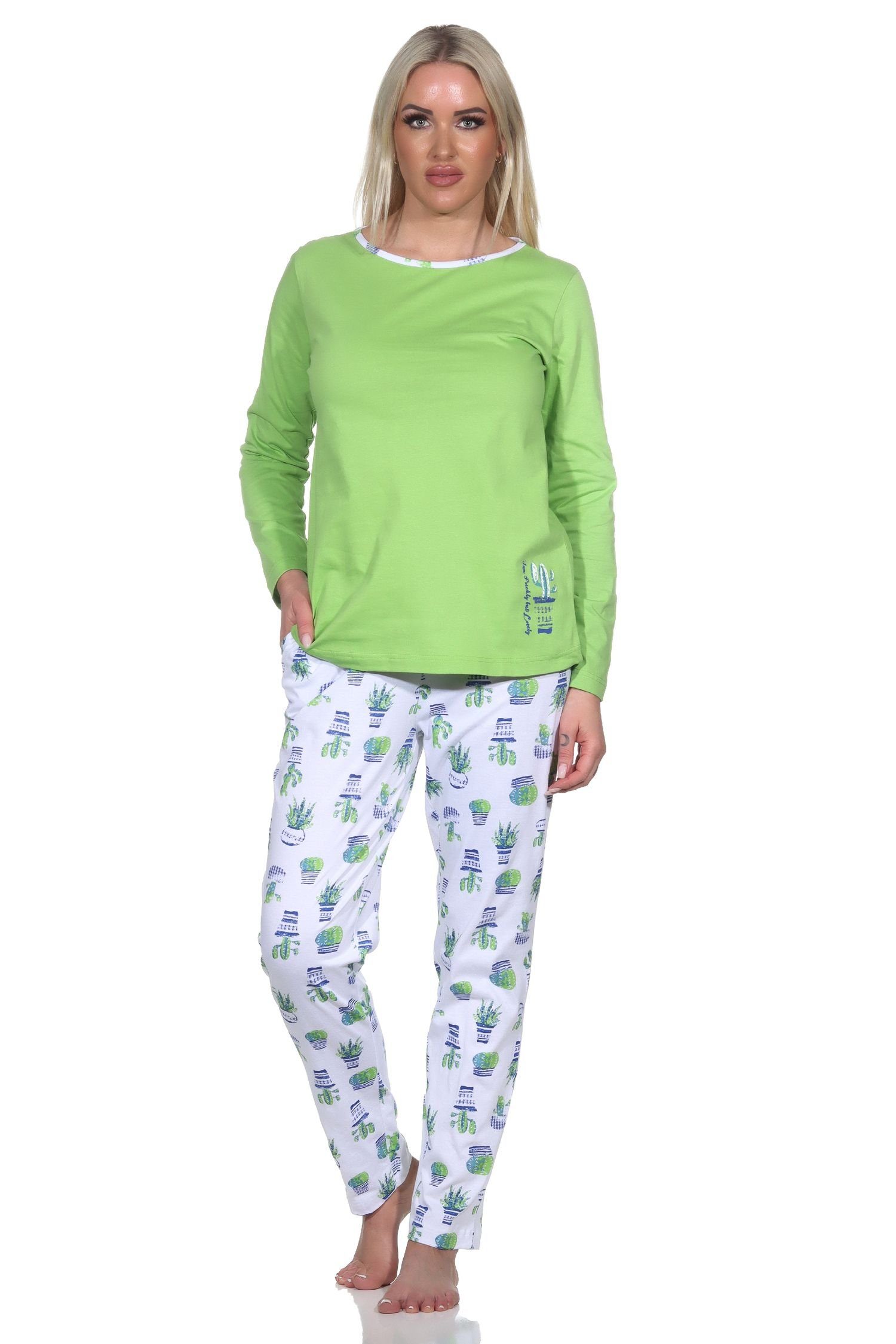 Normann Pyjama Damen Schlafanzug Lang, Oberteil mit Kaktus als Motiv, Hose bedruckt grün