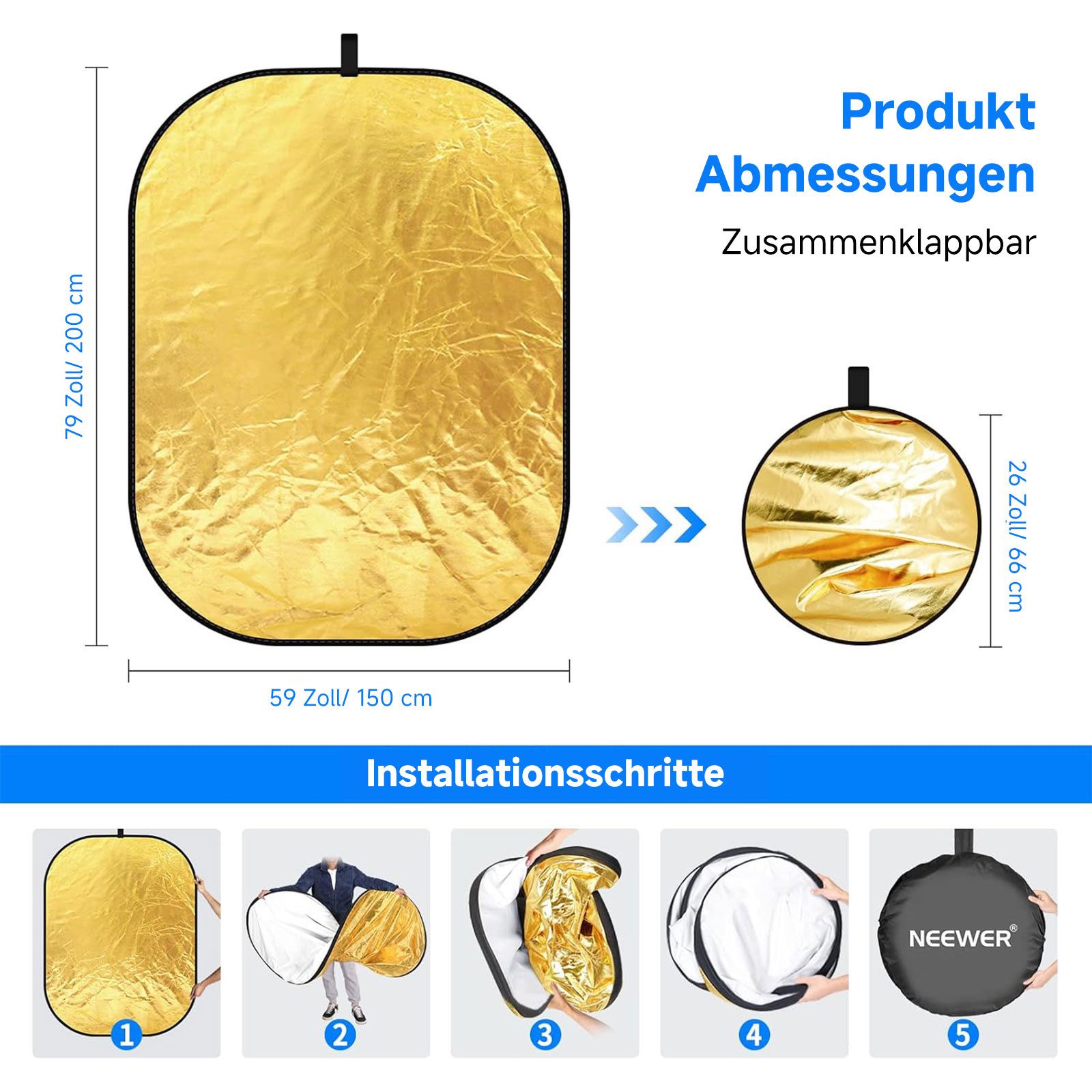 Neewer Blitzlichtreflektoren RF-1520 5-in-1 Reflektor 150x200cm faltbar mit Tasche für Studio, (Packung), Faltbar, tragbar