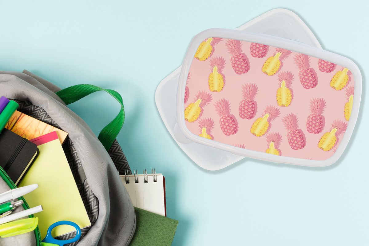 Gelb - Ananas und für Kinder MuchoWow Brotbox (2-tlg), und Mädchen Sommer Jungs - weiß Lunchbox Erwachsene, Brotdose, Kunststoff, Rosa, - für