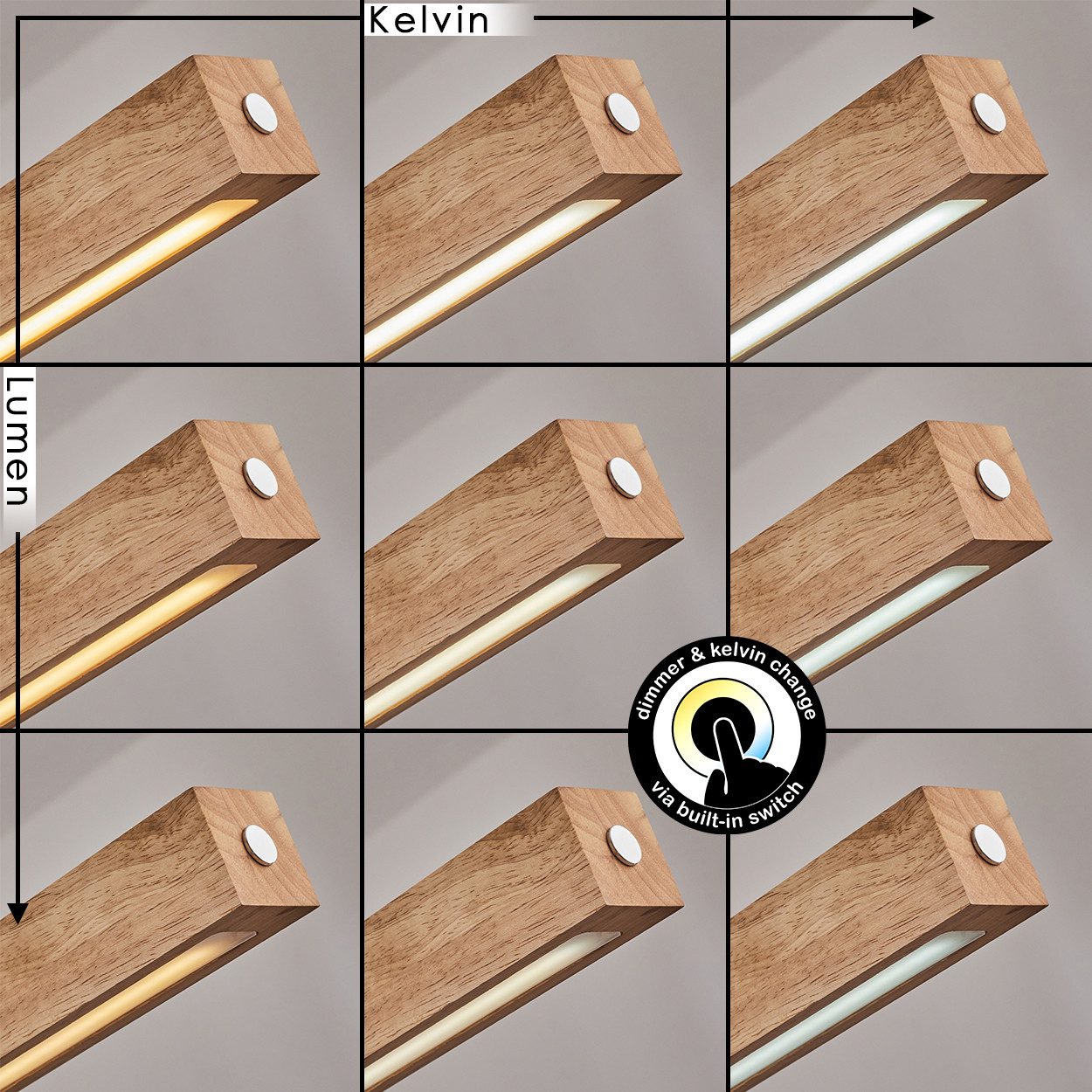 hofstein Pendelleuchte dimmbare Hängelampe aus Metall/Holz/Kunststoff in Schwarz/Naturfarben, LED wechselbar, 3000-6000 Kelvin, skandinavisches Design, Touchdimmer, LED 24 Watt, 2550 Lumen