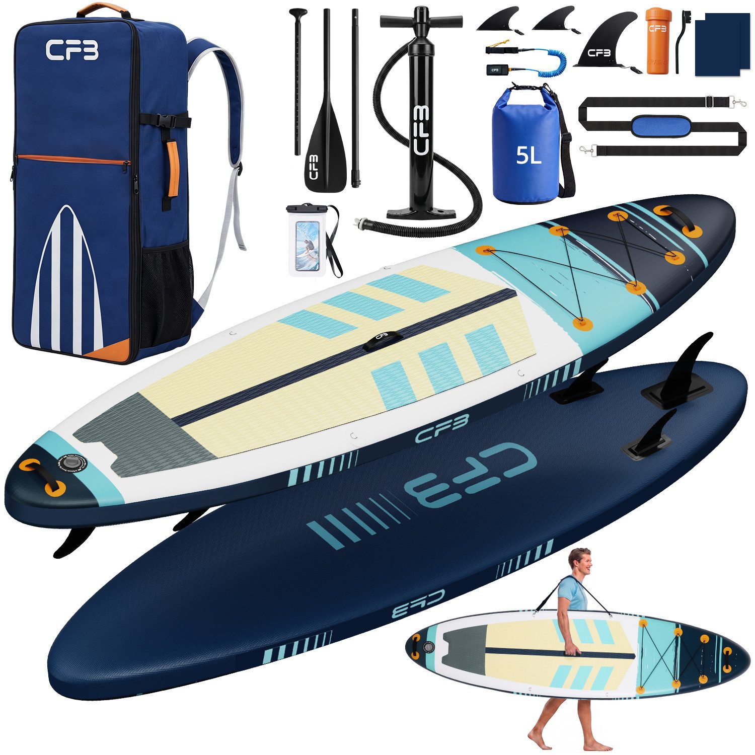 CFB SUP-Board Set 320/335 cm, extra breit, Komplettset, aufblasbares Stand Up Paddle Board, (mit Paddel, Pumpe, Rucksack, 5L Dry Bag und Schultergurt)