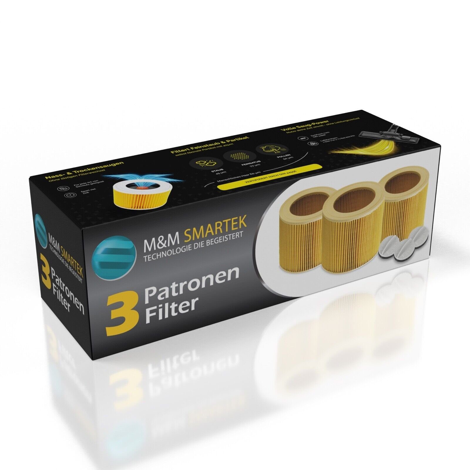 M&M Smartek Patronenfilter für Kärcher Nass-/Trockensauger WD, MV 6.414-552.0, für Kärcher MV2 MV3 WD2 WD3 A2204 A2254 A2101 A2201 WD2.200 WD3.500P SD 3.200, (Spar-Set, 3-St., inklusive Verschlusskappe), waschbar & daher leicht zu Reinigen