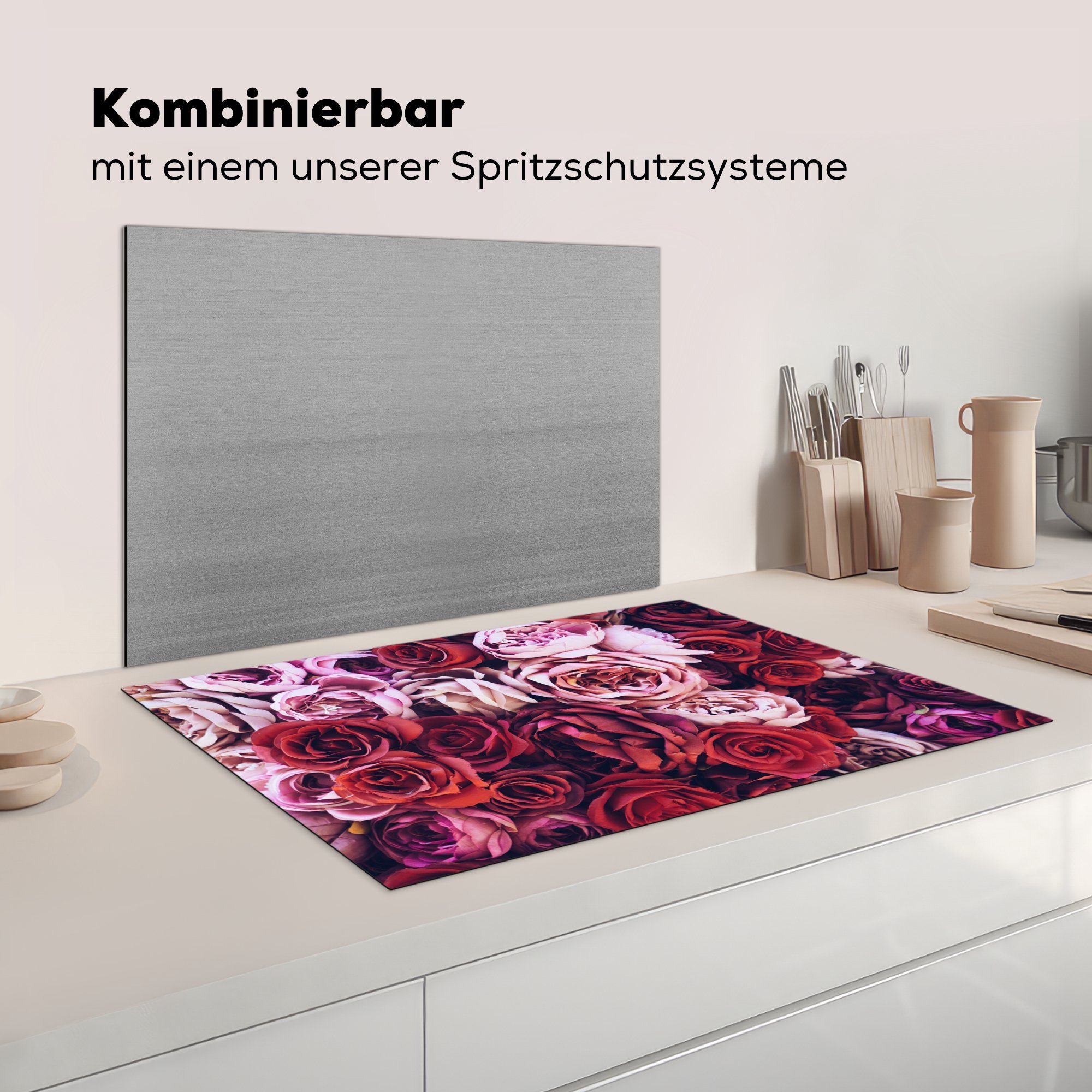 Induktionskochfeld Rosa, Herdblende-/Abdeckplatte für (1 Schutz küche, Ceranfeldabdeckung Vinyl, - cm, MuchoWow Rot die Rosen 81x52 tlg), -