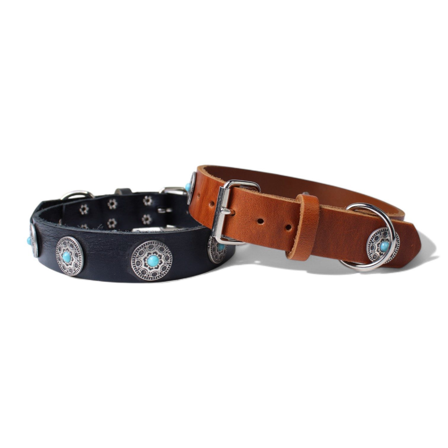 FRONHOFER Hunde-Halsband 18684, Echtleder, robustes Naturleder im Vintage Stil, mit türkisen Zierteilen