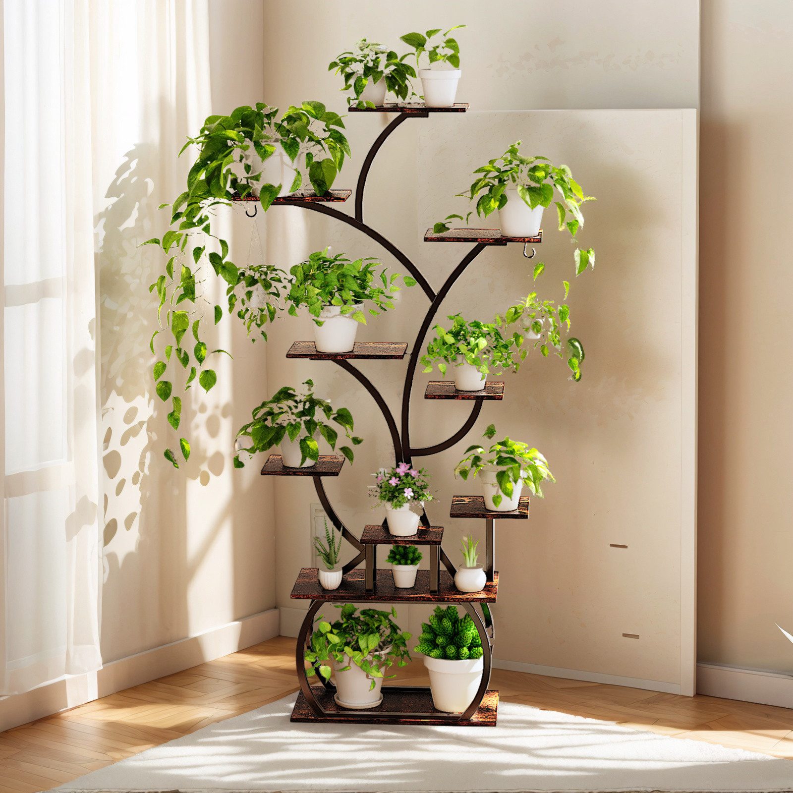 VINGLI Flower Stand Plant Stand with LED Grow Lights, 10-Tier Plant Shelf, Made of Wood and Metal, Stable and Space-Saving, 155*80*26cm
