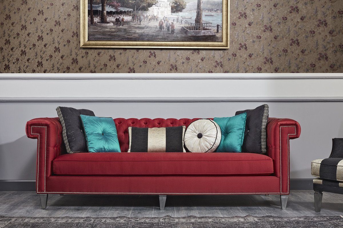 Casa Padrino Chesterfield-Sofa Luxus Barock Chesterfield Sofa Rot / Silber 249 x 102 x H. 81 cm - Chesterfield Wohnzimmermöbel | Chesterfield-Sofas