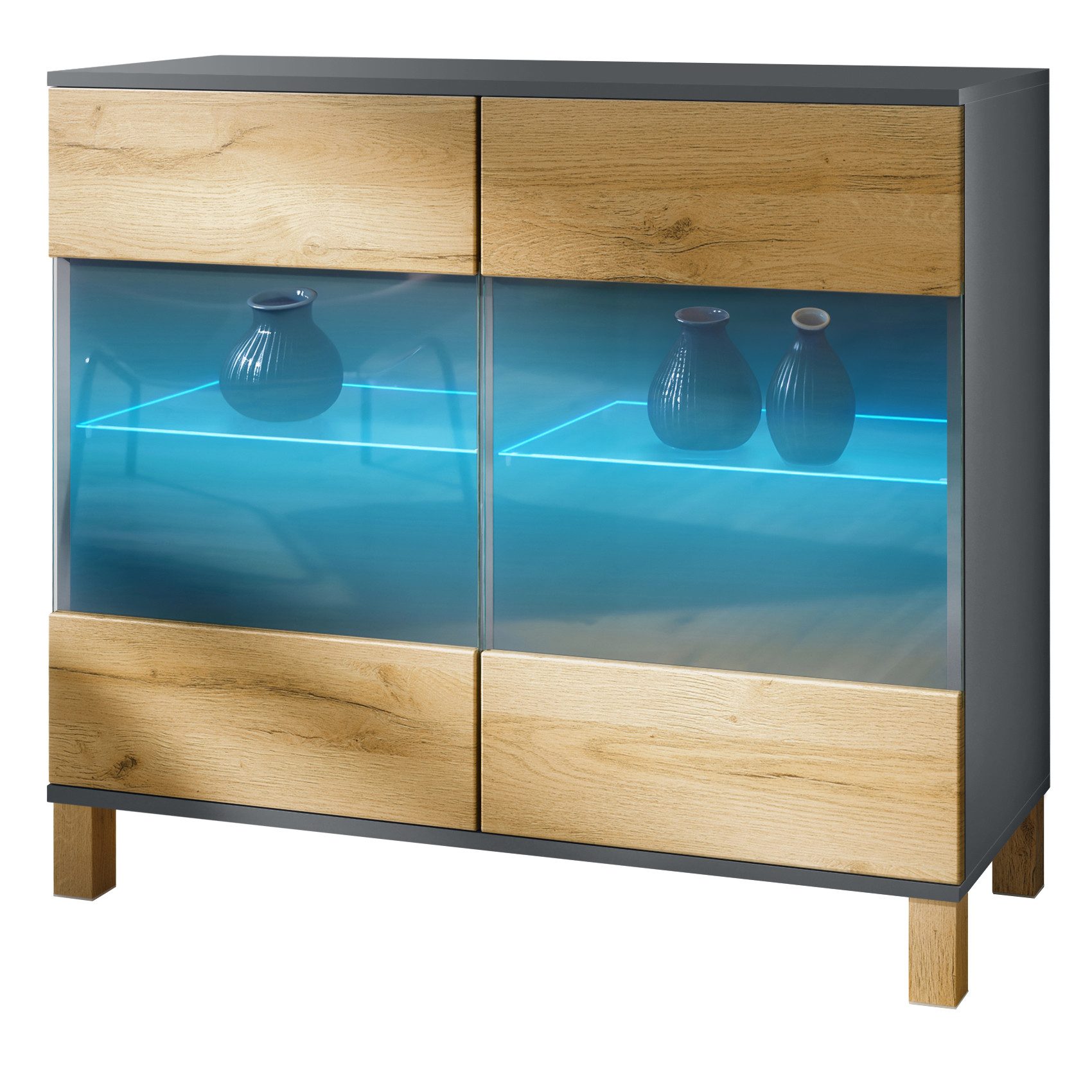 Vladon Kommode Bari V3 Wood (Moderner Küchenschrank, mit 2 großen Glastüren), Anthrazit matt / Eiche Natur (92,5 x 84,5 x 35)