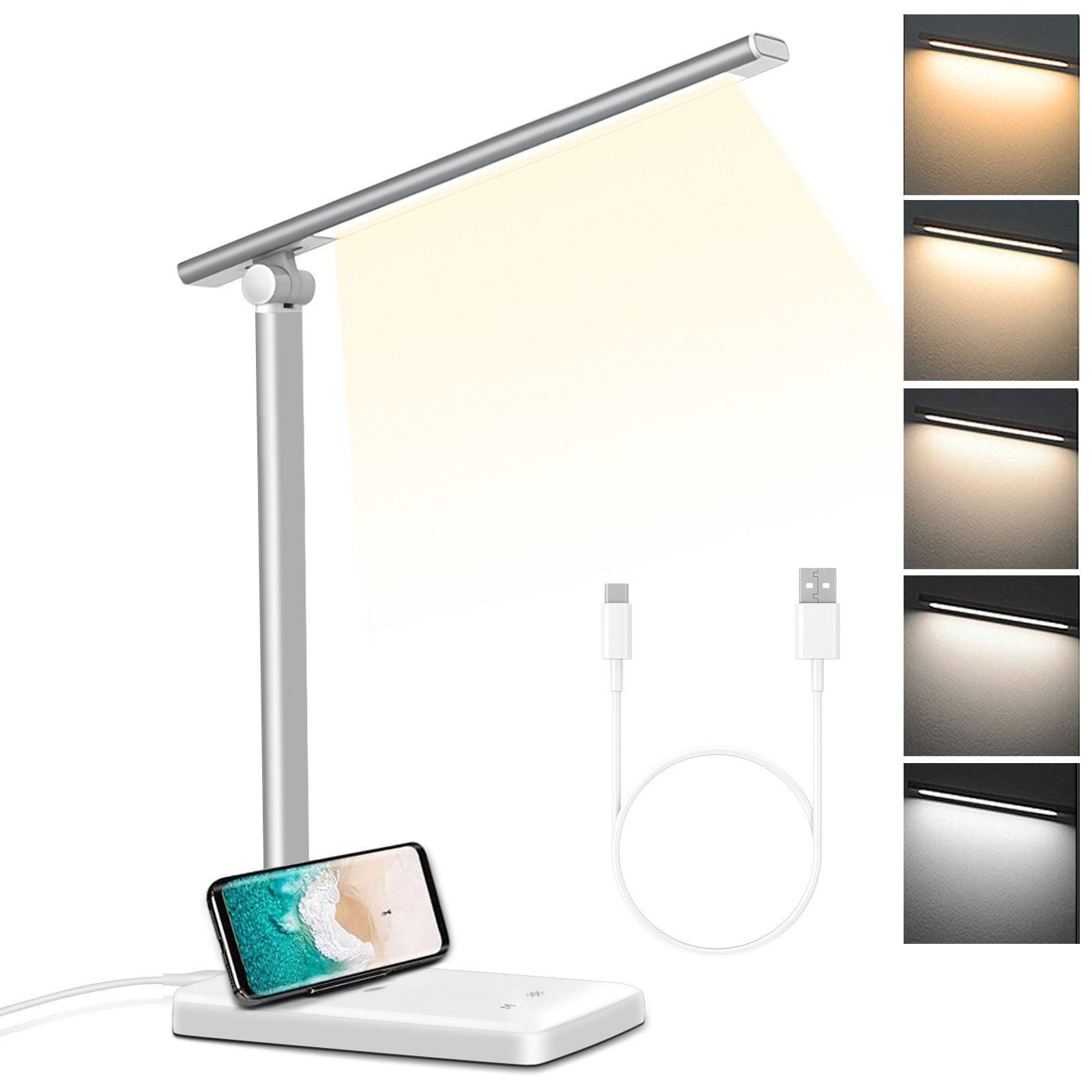 feinlux Schreibtischlampe 8W LED Dimmbare Tischleuchte 8W Tischlampe, LED fest integriert, Kaltweißes Licht, Augenschutz-Modus, USB-Anschluss, LED fest integriert