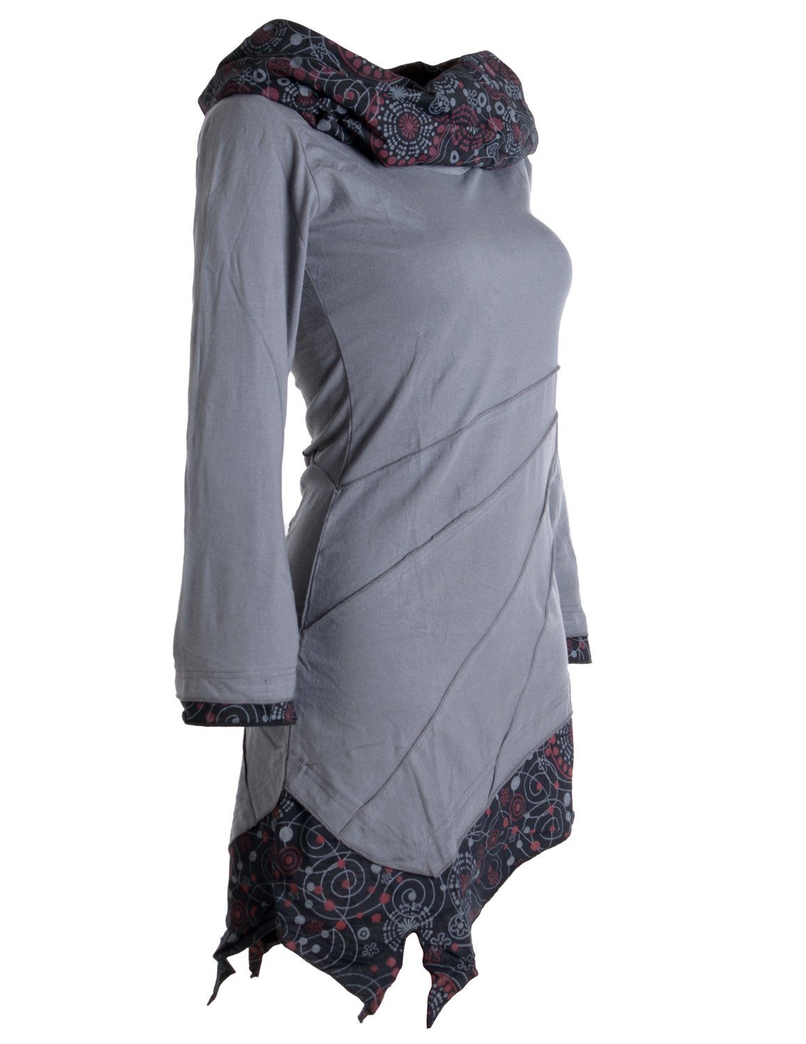 Baumwolle Goa, Boho grau Hippie, Kleid mit Vishes Style Schalkragen aus Ethno, Asymmetrisches Jerseykleid