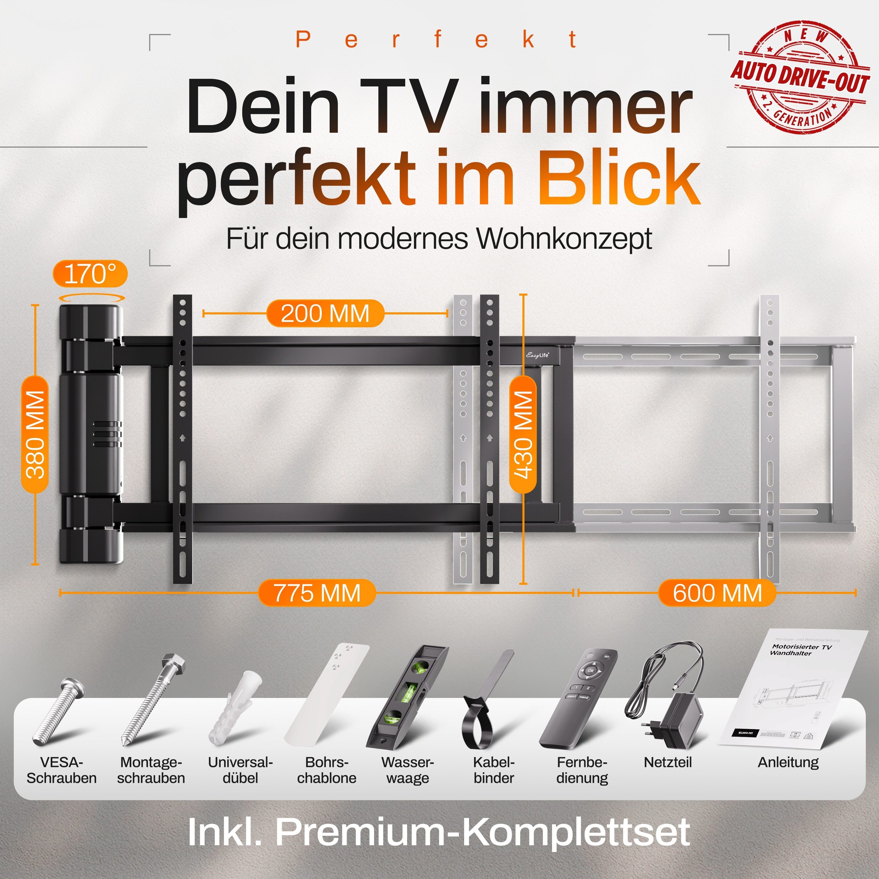 EasyLife TV-Wandhalterung EasyLife elektrische TV Wandhalterung mit Auto Drive-out, 32–75 Zoll, (bis 75 Zoll, Schwenkbar, Auto Drive-out Funktion)