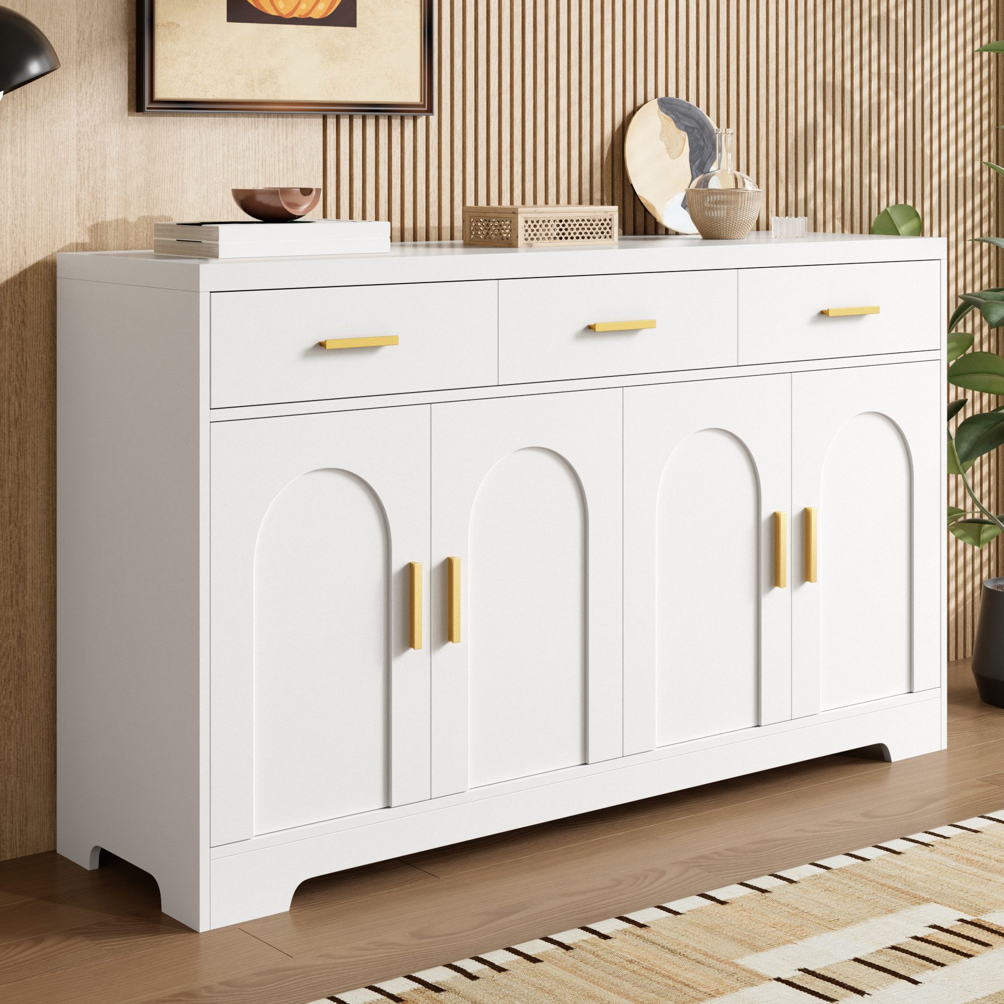 Merax Sideboard mit goldenen Metallgriffen, Dielenschrank Wohnzimmerschrank (140 x 40 x 83 cm, 1 St), Kommode mit 4 Bogen-Türen,3 Schubladen,höhenverstellbaren  – Bild 4 von 5