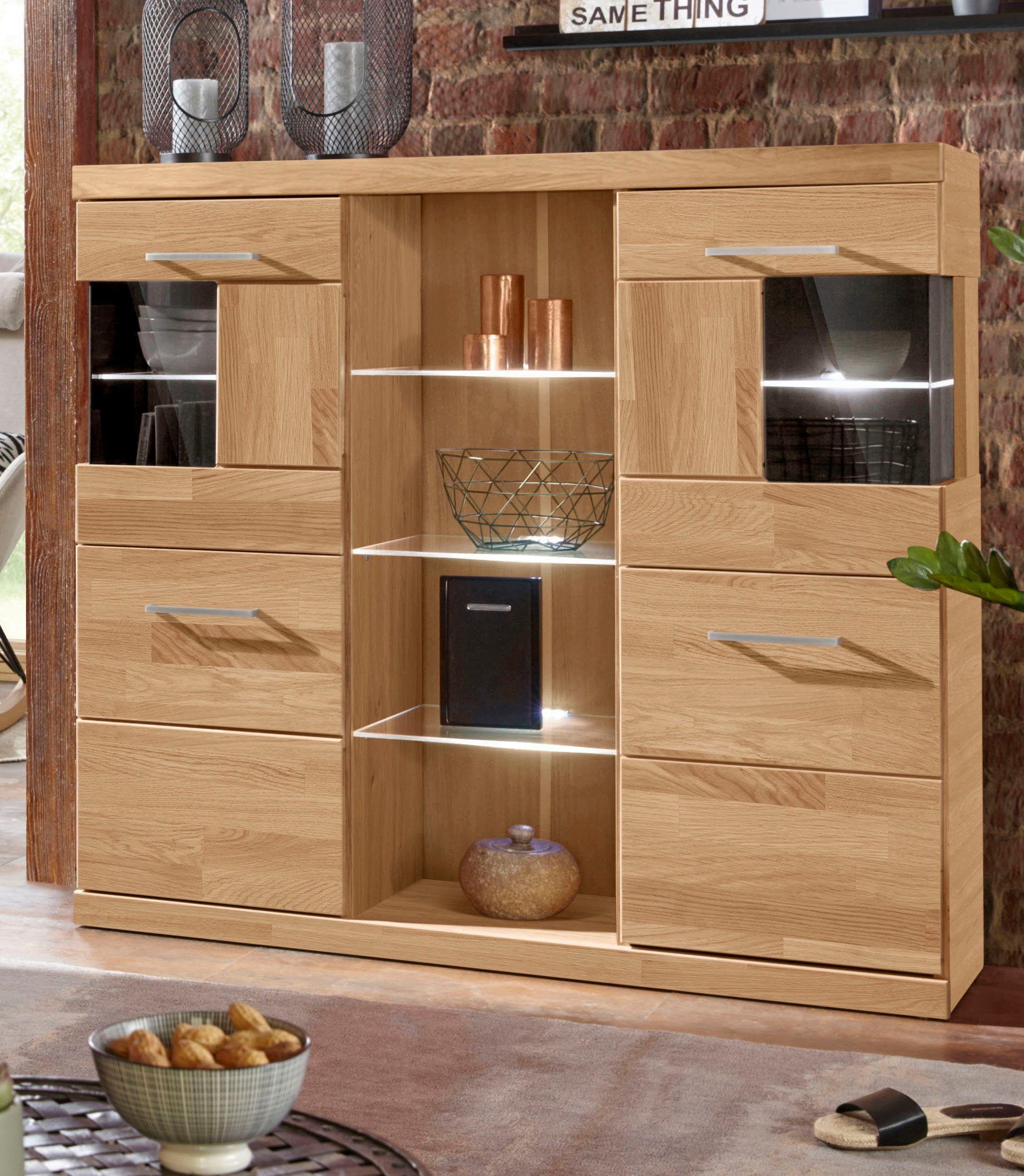 Home affaire Highboard Ribe,120cm breit,112cm hoch,Oberplatte massiv,12 Fäc günstig online kaufen