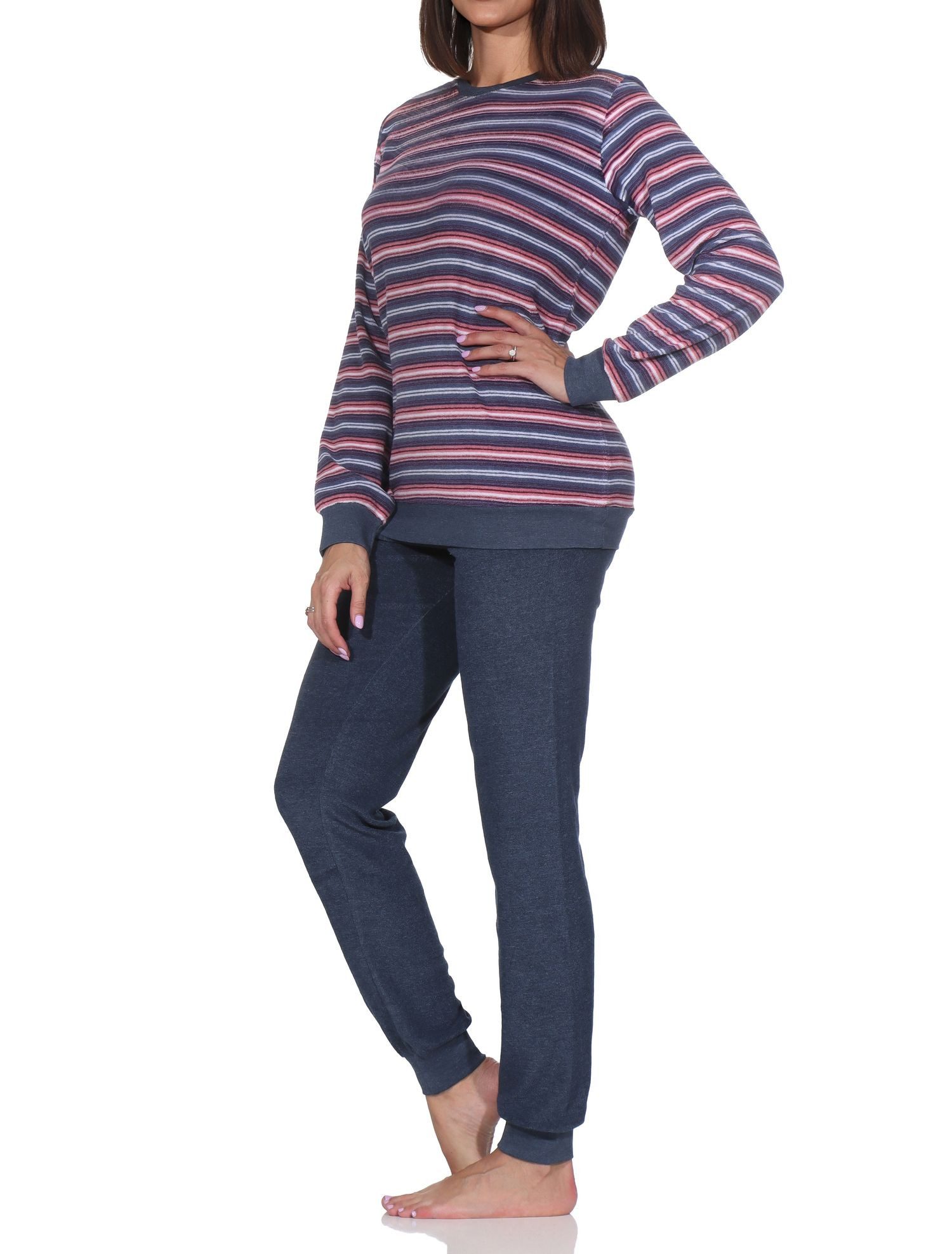 Normann Pyjama Damen Frottee Schlafanzug mit Bündchen Pyjama in Streifendesign – Bild 2 von 5