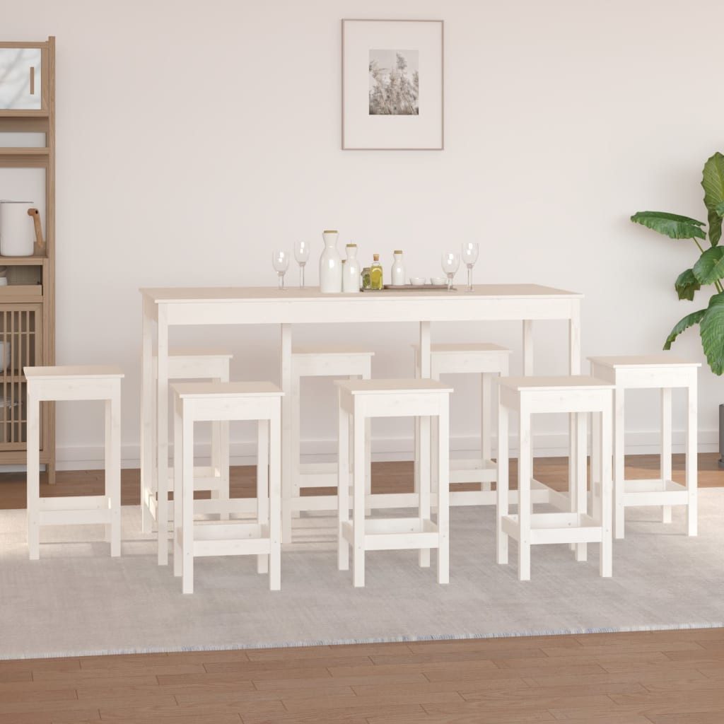 furnicato Bargruppe Bar-Set aus massivem Kiefernholz, 180 x 80 x 110 cm, Weiß, (1-tlg), Sitzgruppe mit 8 Hockern ohne Lehne und platzsparender Funktion