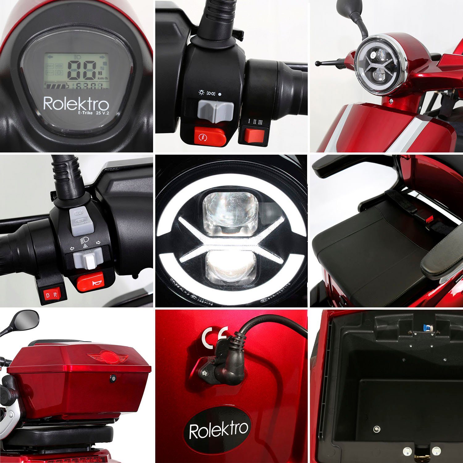 Rolektro Elektromobil E-Trike Blei-Gel-Akku, V.2, 1000 W, 25 Topcase) (mit 25 rot km/h