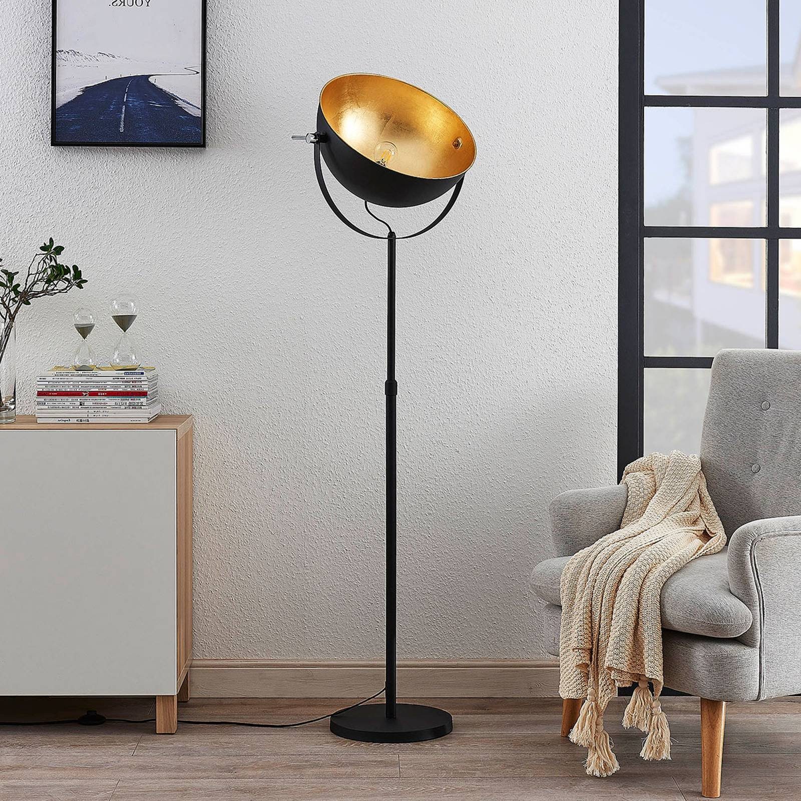 Lindby Stehlampe Muriel, Leuchtmittel nicht Schwarz, 1 Stehleuchte Modern, inklusive, flammig, Metall, gold, E27
