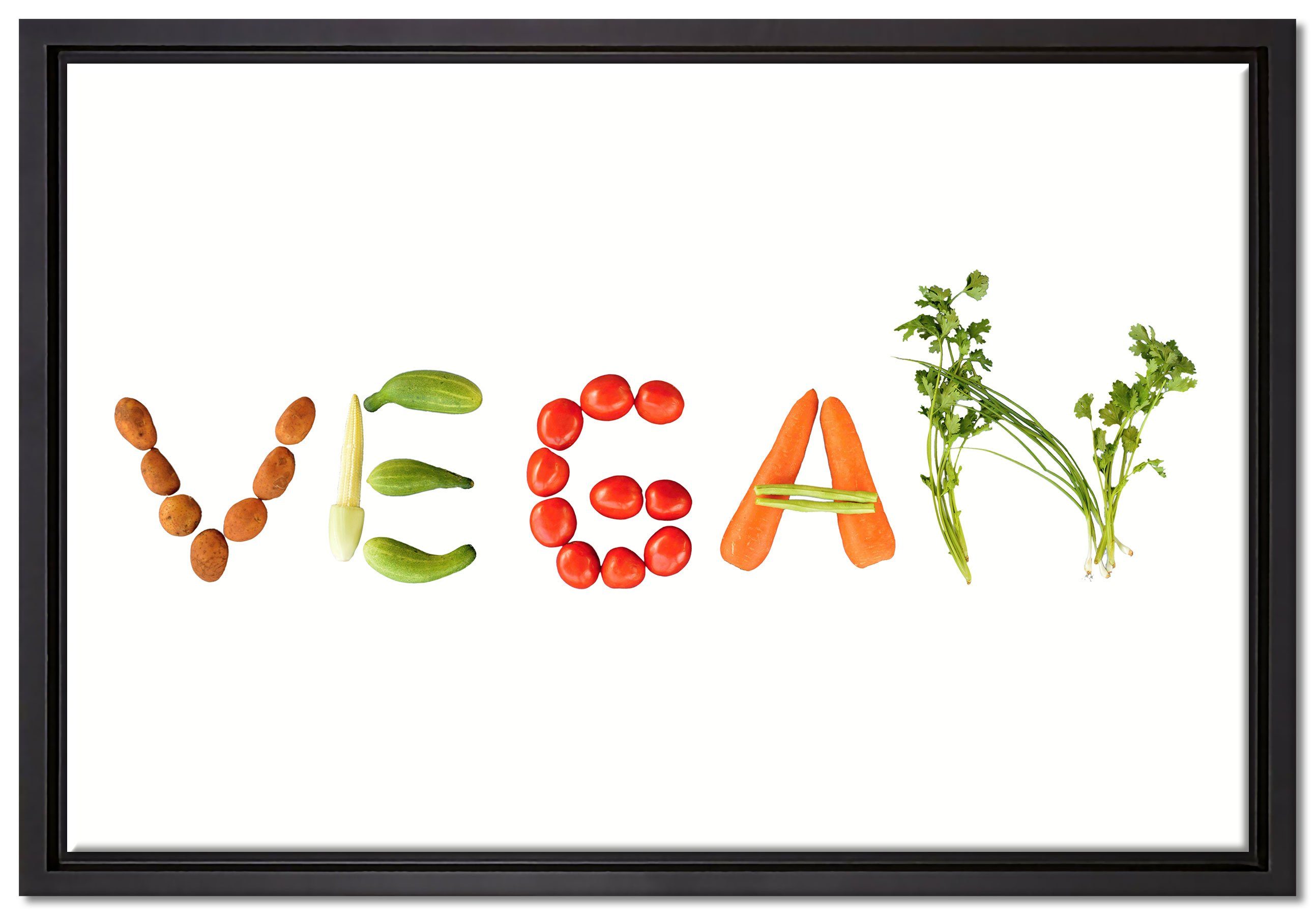 Vegan in (1 Schattenfugen-Bilderrahmen gefasst, Wanddekoration Leinwandbild fertig Zackenaufhänger inkl. einem Pixxprint bespannt, St), Leinwandbild Gemüse,