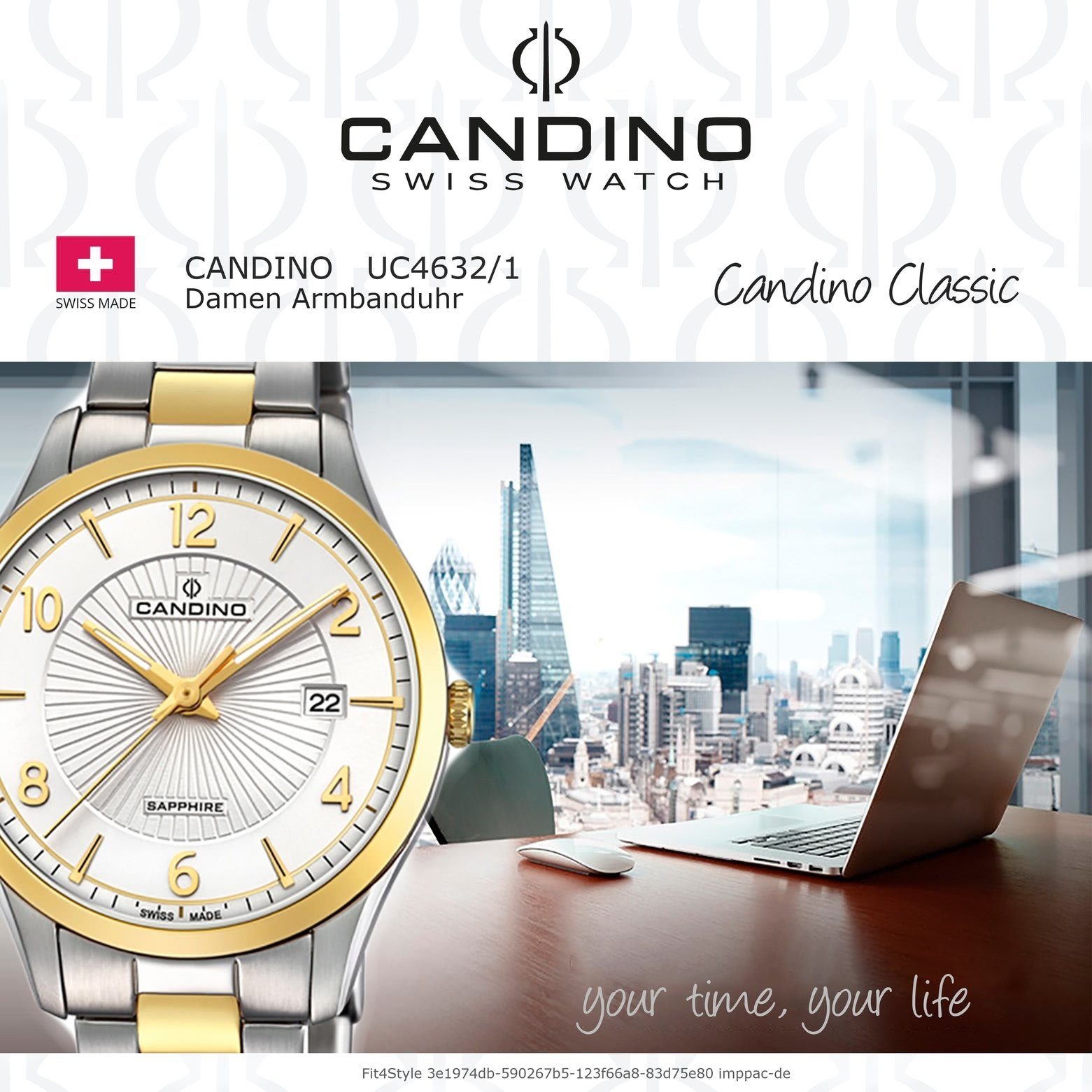Damen Uhren Candino Quarzuhr UC4632/1 Candino Damen Uhr Analog C4632/1, Damen Armbanduhr rund, Edelstahlarmband silber, gold, El
