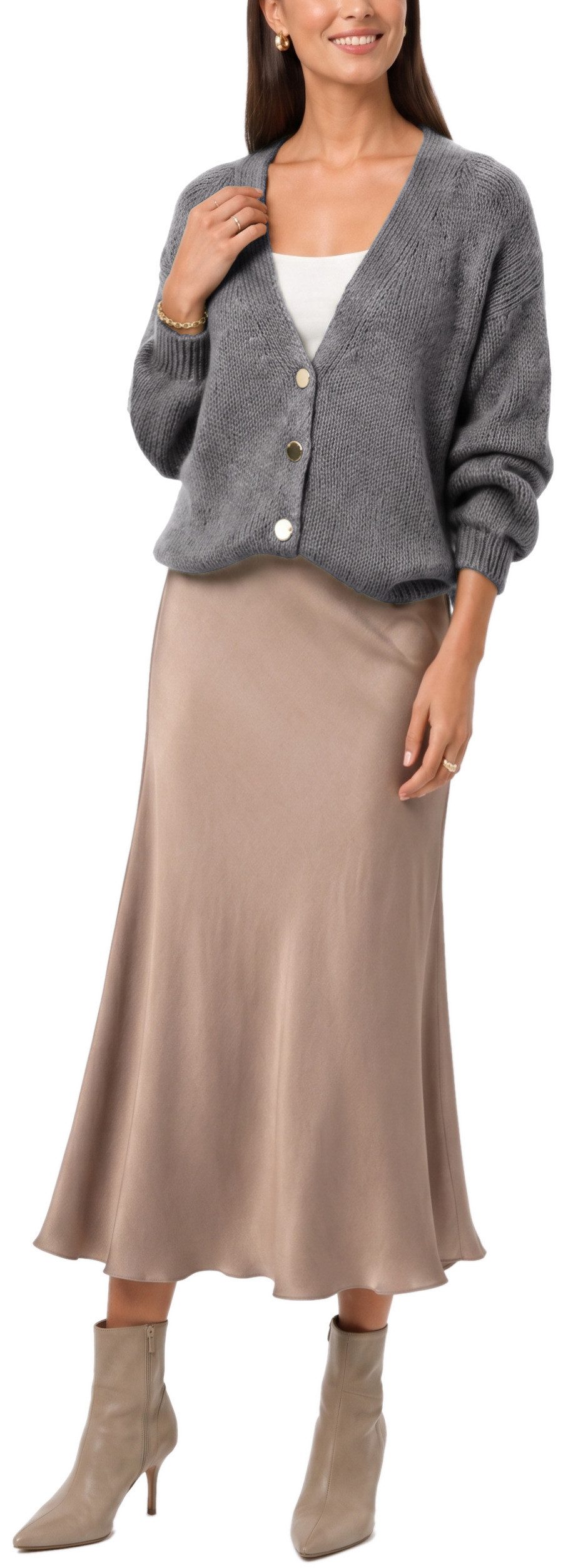 dy_mode Strickjacke Damen Cardigan Grobstrick Strickjacke V-Ausschnitt Übergangsjacke Grobstrick, in Unifarbe, V-Ausschnitt – Bild 4 von 5