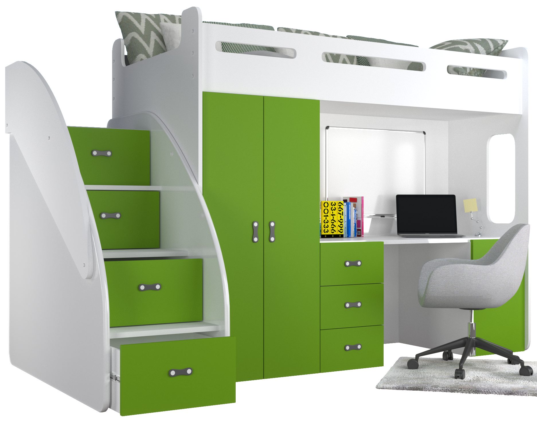 Kleiderschrank Unique Schreibtisch, Home ZU mit Farbe Matratze, Hochbett Hochbett Weiß/Grün wählbar PL