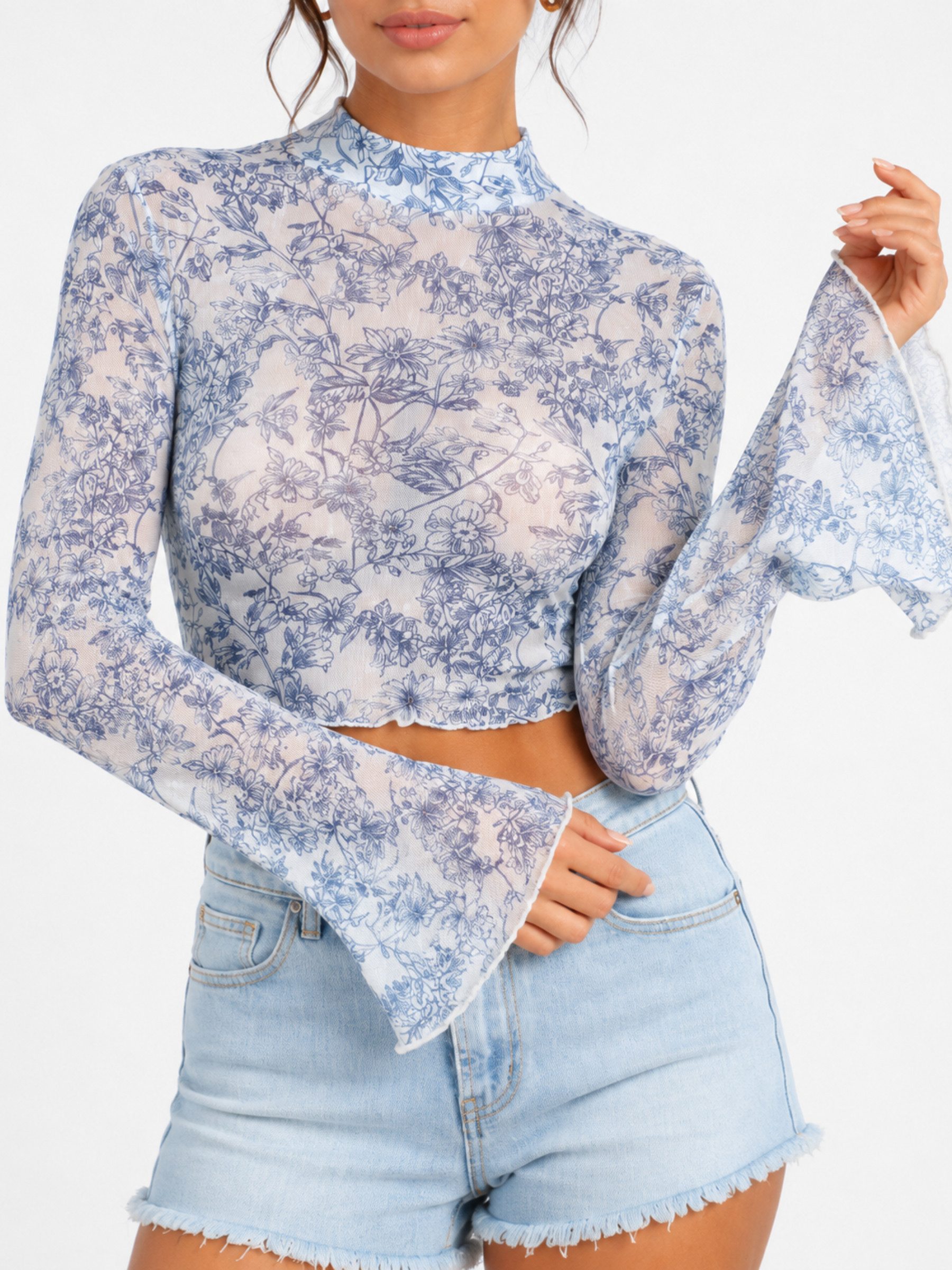 Elegant Love Langarmshirt Langarm Crop Top für Damen aus Netzstoff – Durchsichtiges Party-Top Bauchfreies Oberteil mit Blumenprint, Stehkragen und Trompetenärmeln