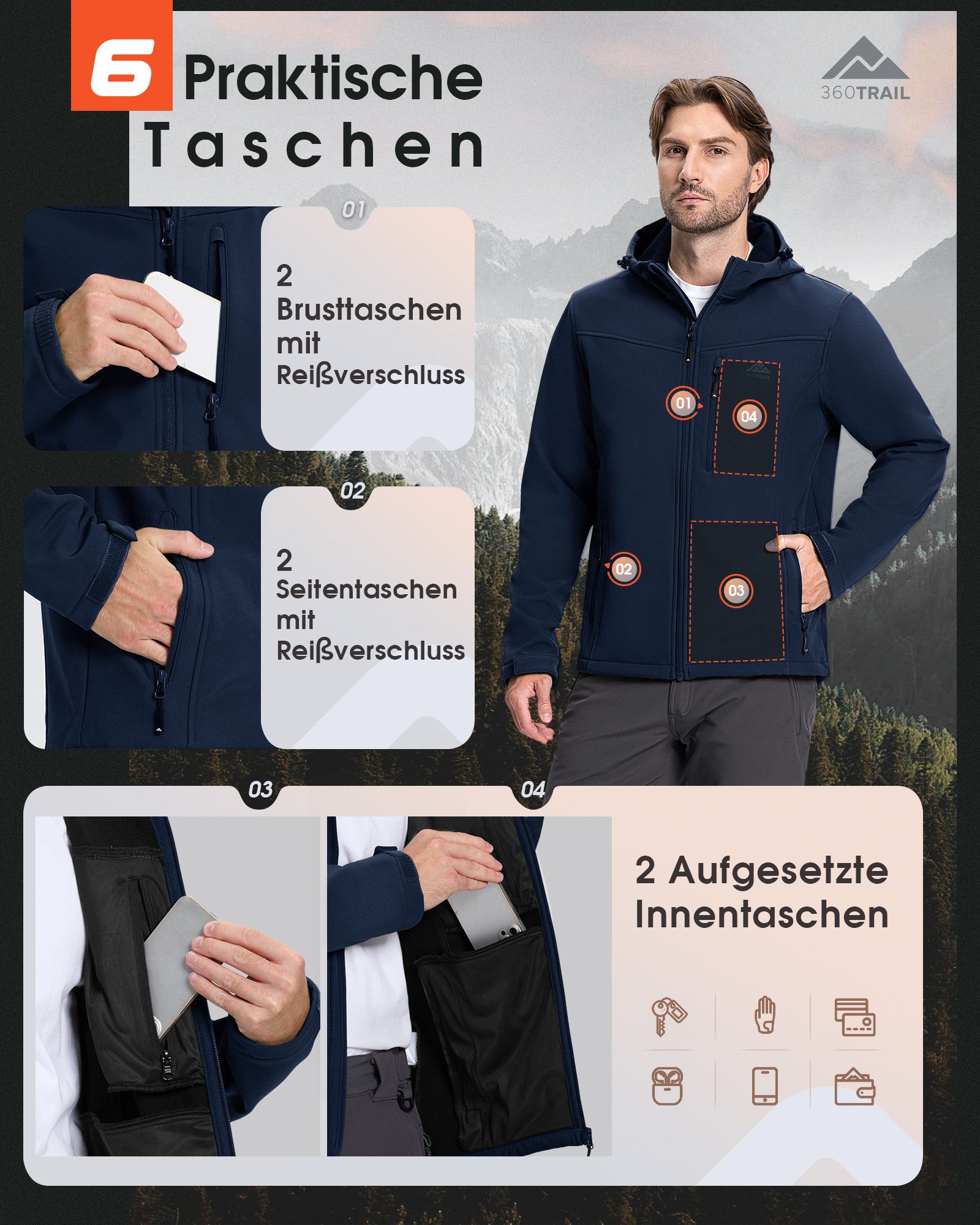 360Trail Outdoorjacke Softshelljacke Skayra wasserdichte winddichte Herren Übergangsjacke Microfleece-Innenfutter, atmungsaktiv, wasserdicht – Bild 5 von 5
