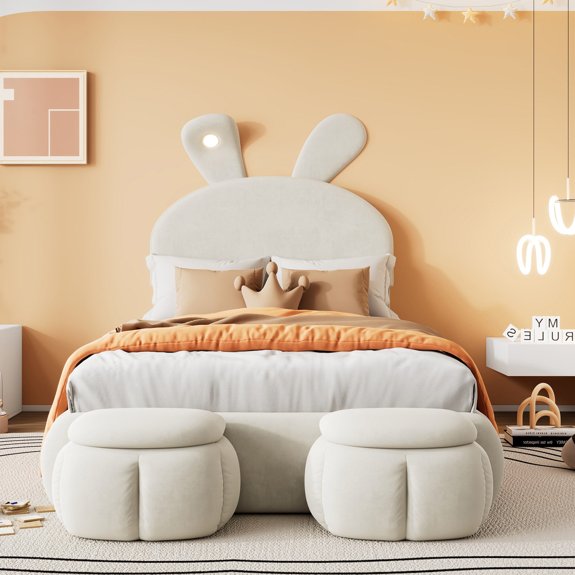 MODFU Kinderbett Polsterbett Einzelbett (Jugendbett, modernes Kinderzimmerbett, mit Hasenohren Design, verstellbares Kopfteil, 90x200 cm), ohne Matratze