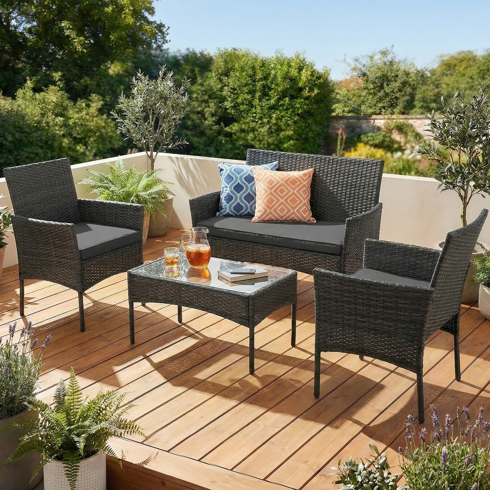 oyajia Gartenlounge-Set Polyrattan Sitzgruppe für 4 Personen mit Tisch, (Rattan-Möbel, Garten-Lounge, Outdoor-Sitzmöbel), 1x2er Sofa, 2 Sessel, Tisch 40x71x41 cm