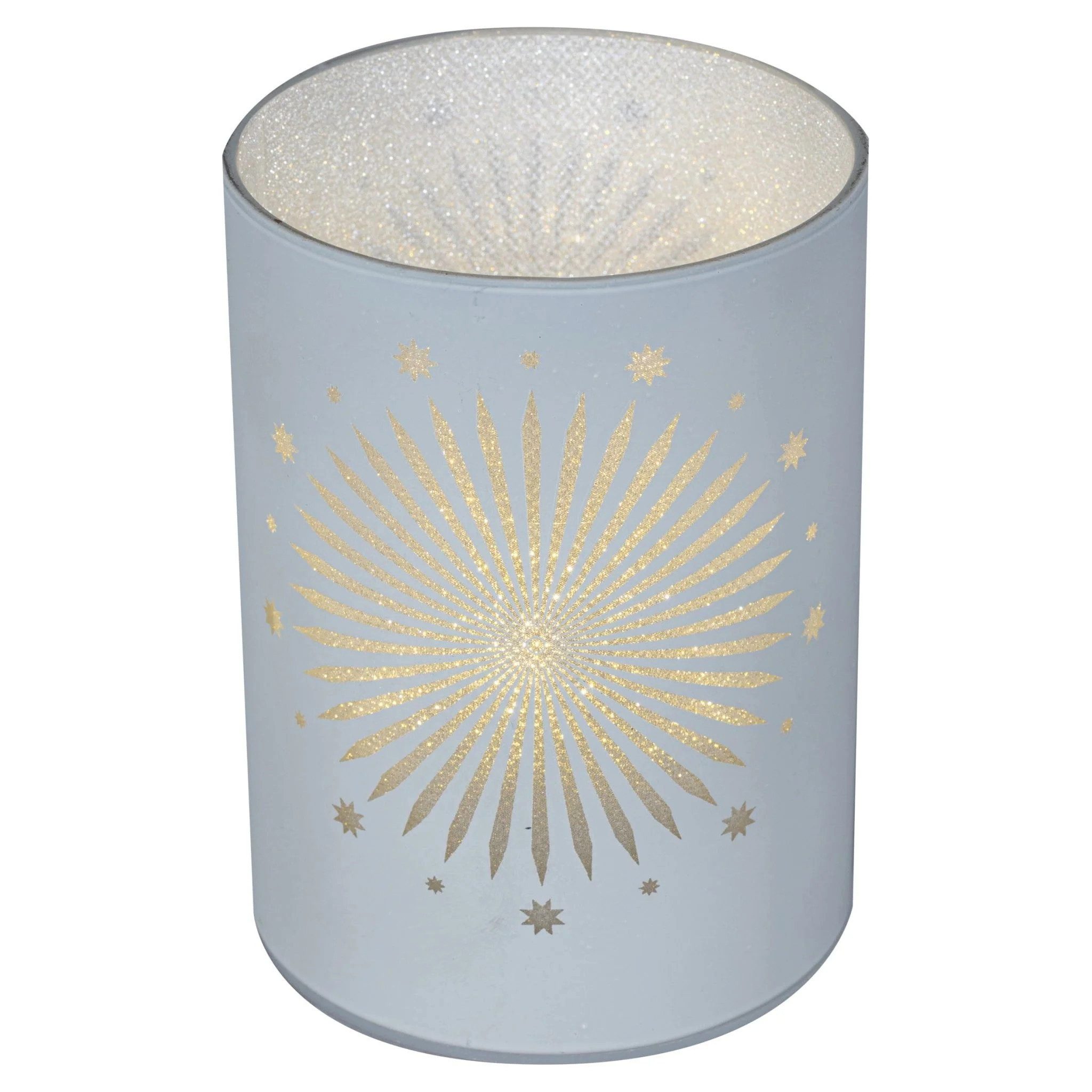 HGD Dekoobjekt LED Dekoglas mit Sterndekor - Satin-Weiß/Silber - 7,5 x 10 x 7,5 cm, Ideal für Tisch, Fensterbank, Sideboard oder als Geschenk