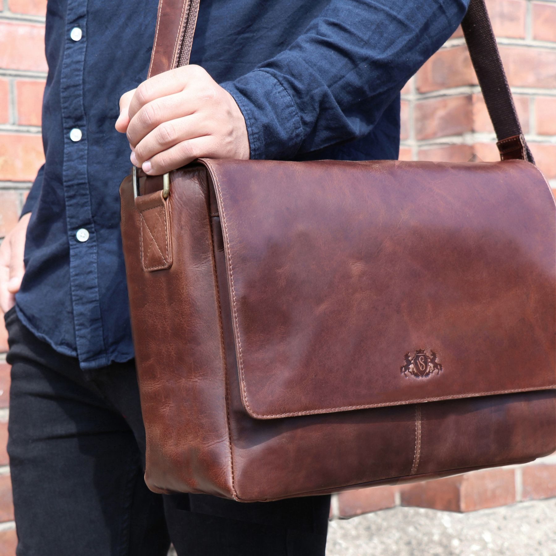 SID & VAIN Messenger Bag SPENCER XL groß Laptop-Tasche 15 Zoll echt Leder, Umhaengetasche Laptop Fach Herren Damen Schultertasche braun