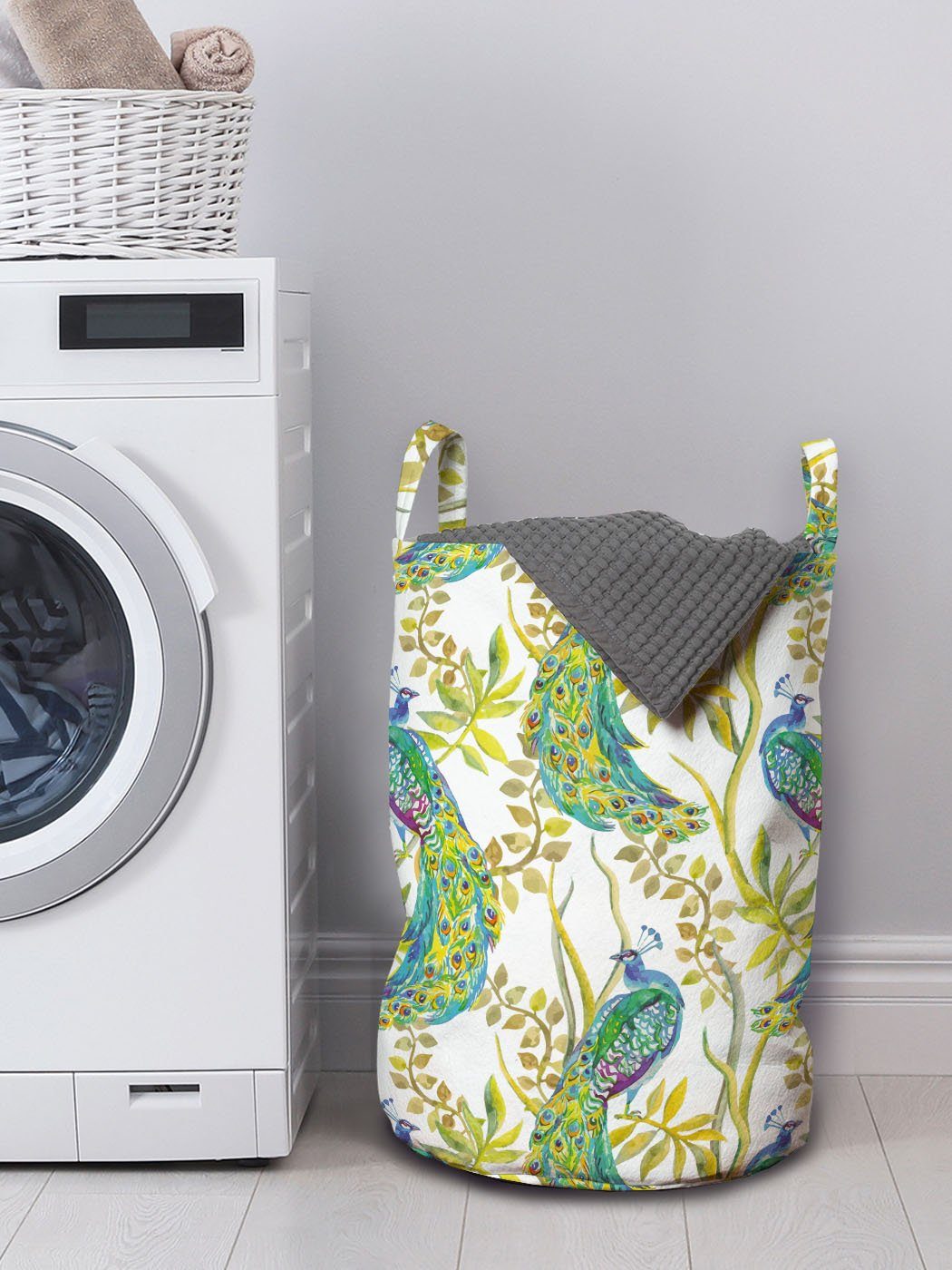 Griffen mit Pfau auf Kordelzugverschluss Wäschekorb für Waschsalons, Zweigen Vivid Vögel Wäschesäckchen Abakuhaus