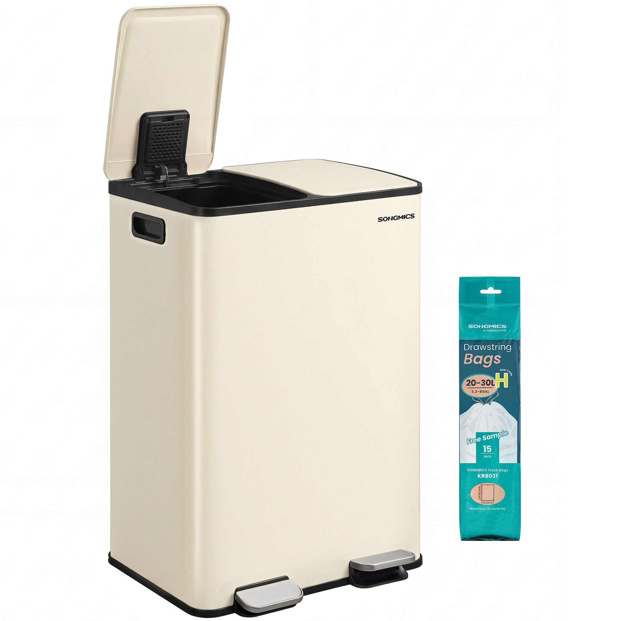 SONGMICS Mülleimer Mülleimer Küche, 2 Fächer, Abfalleimer, Softclose, 2 x 30 Liter