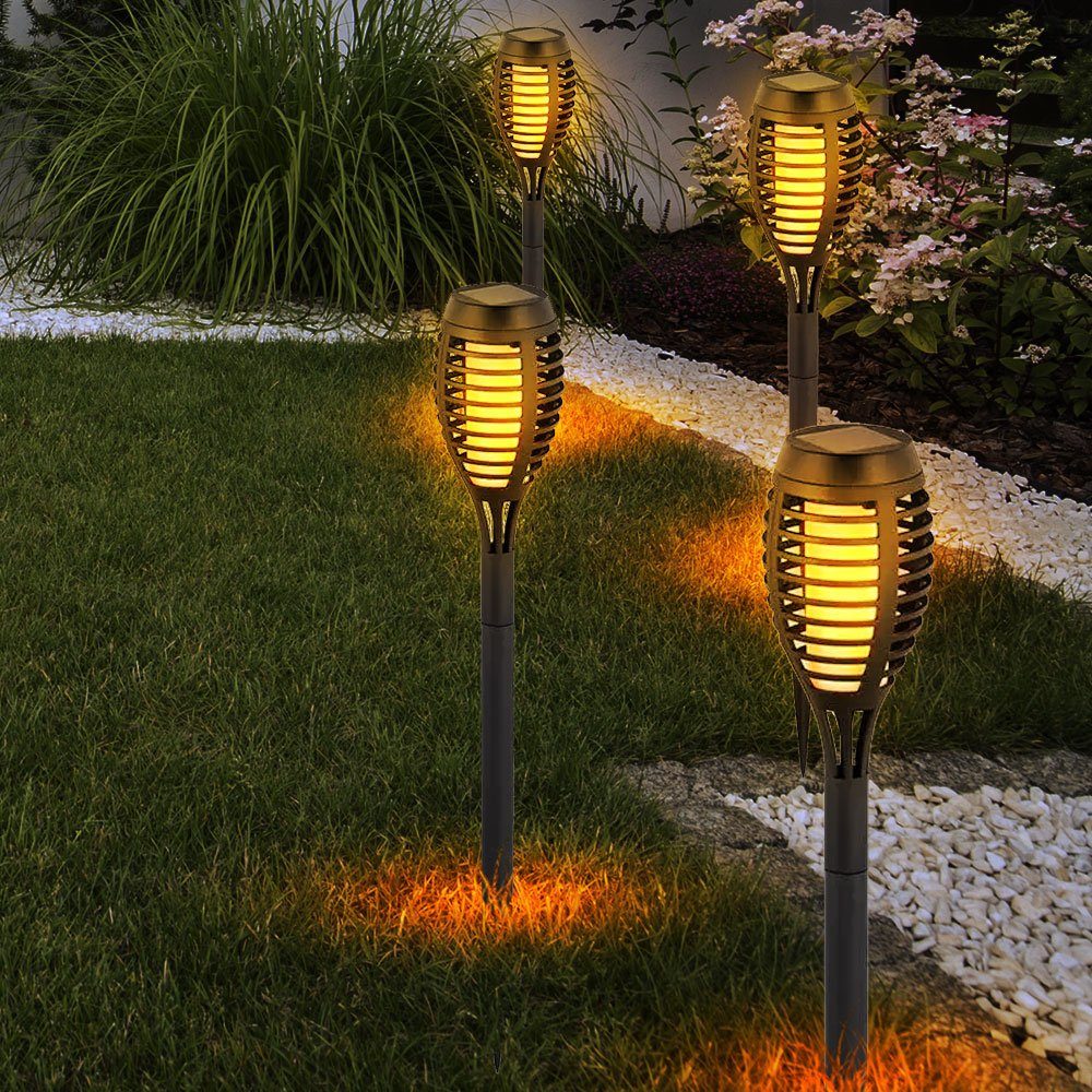 Außen fest LED 4er Solar Fackeln Feuer Set Deko LED-Leuchtmittel Warmweiß, etc-shop verbaut, Effekt Solarleuchte, Garten LED