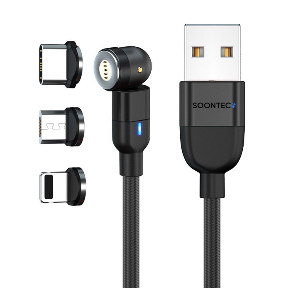 SOONTEC Magnet Ladekabel SOONTEC 0,5m-6,5m Micro USB/USB-C/Lightning 2,4A/3,0A magnetisches Ladekabel, Lightning, Micro-USB, USB-C, Lightning, USB-C, Micro-USB (100 cm), drehbar 360°&180°
