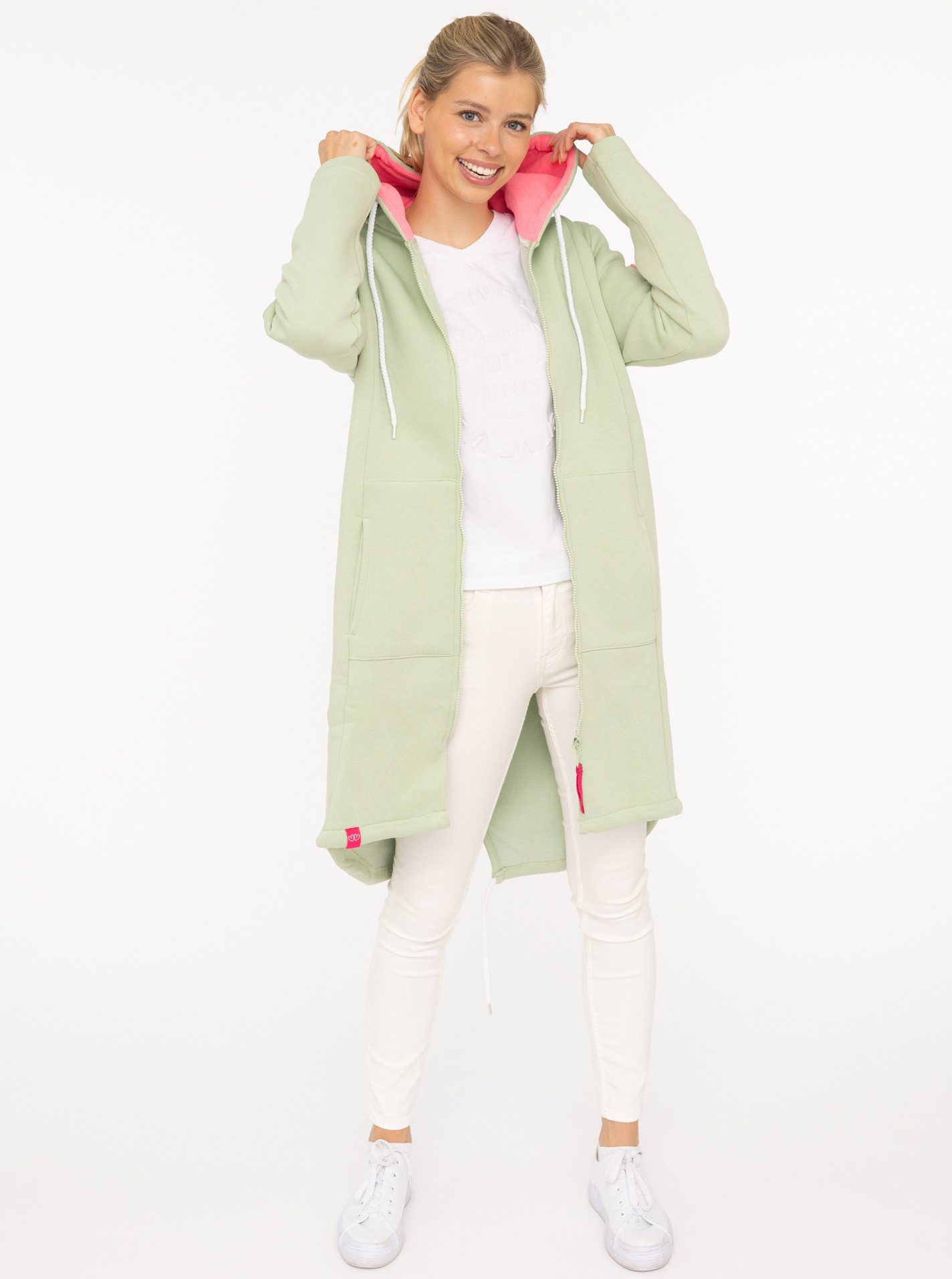 Zwillingsherz Jerseymantel "Be Positive" mit großem Stickmotiv, Taschen und Reißverschluss