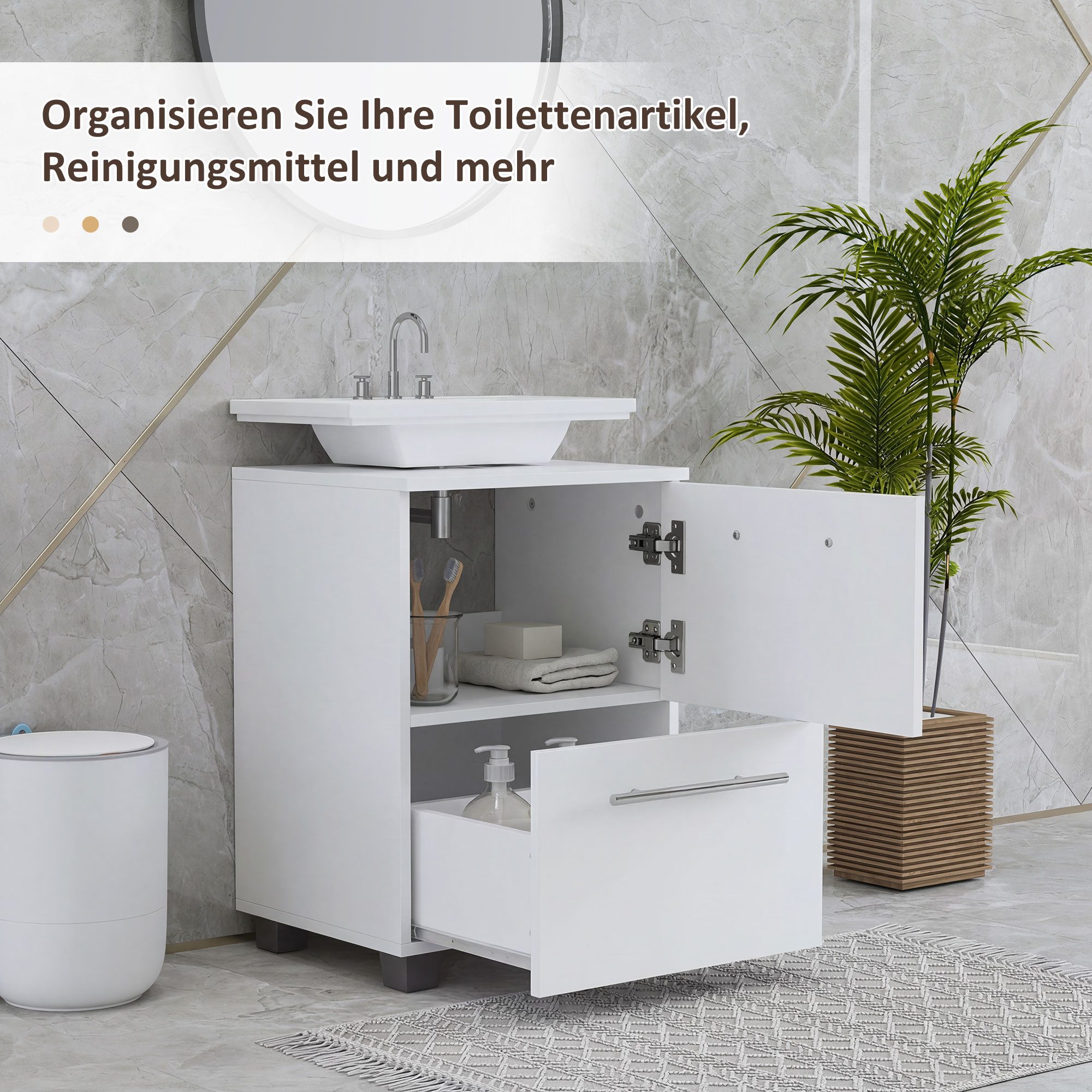 HOMCOM Waschbeckenunterschrank Unterschrank mit Schrankfach Schublade Badschrank für Badezimmer (mit Schublade und Einzeltür, 1-St., für wandmontiertes Waschbec – Bild 5 von 5