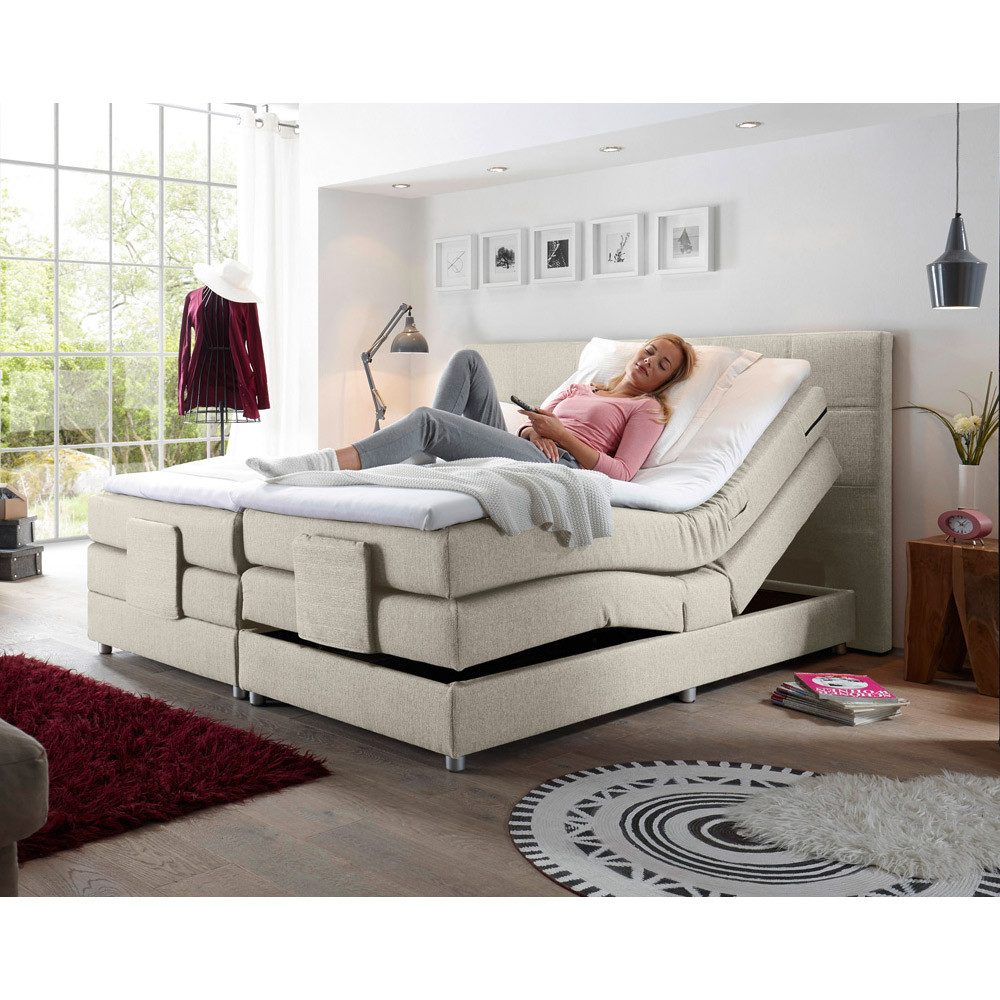 Lomadox Boxspringbett MANAUS-09, 180x200cm, H2-H3, elektr. verstellbar, Ivory Creme, Komfort Topper