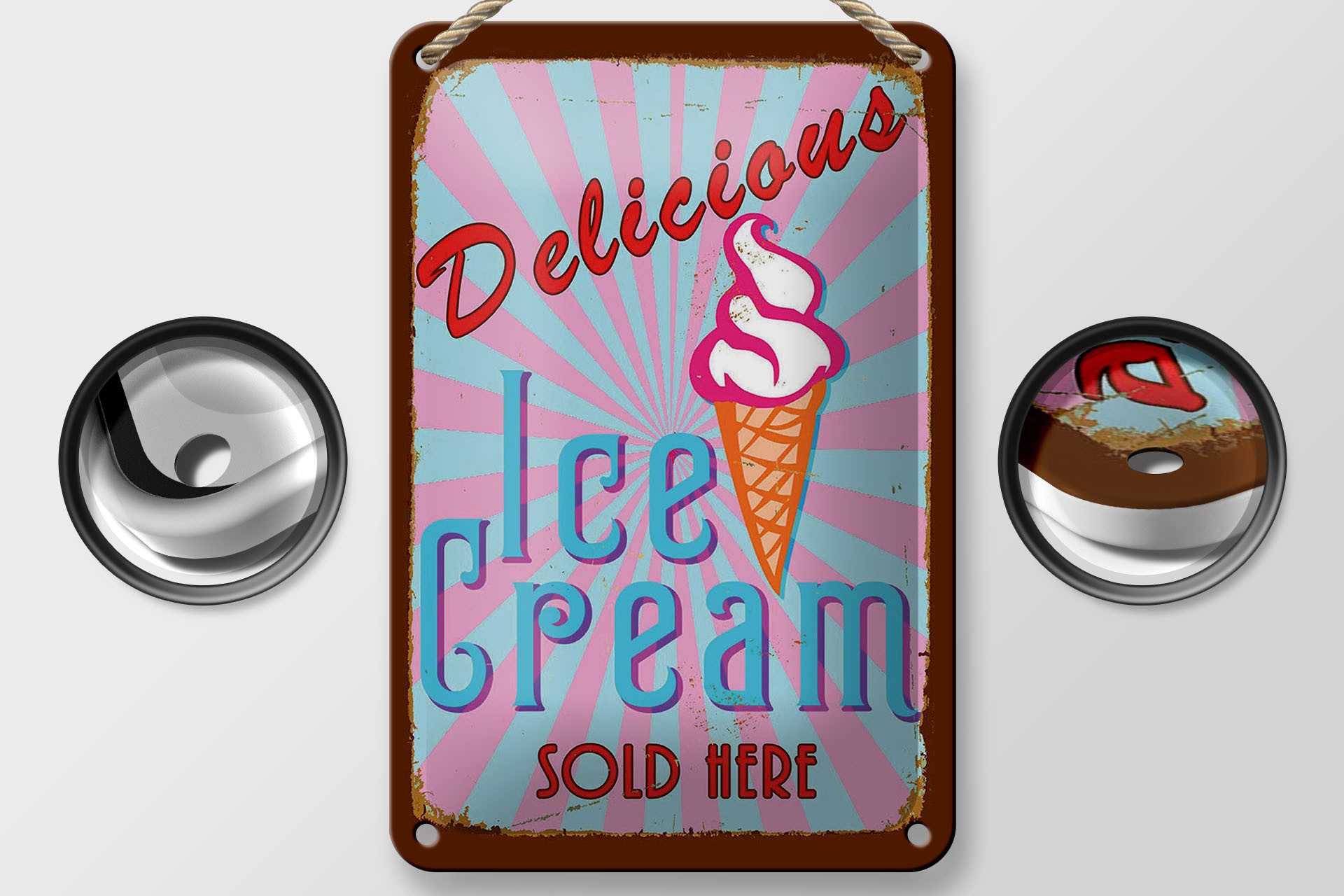 Femer GmbH Metallschild Reklame 12x18 cm Delicious Ice Cream sold here, (1 St), gewölbte Oberfläche, abgerundete Ecken, umgeschlagene Kanten