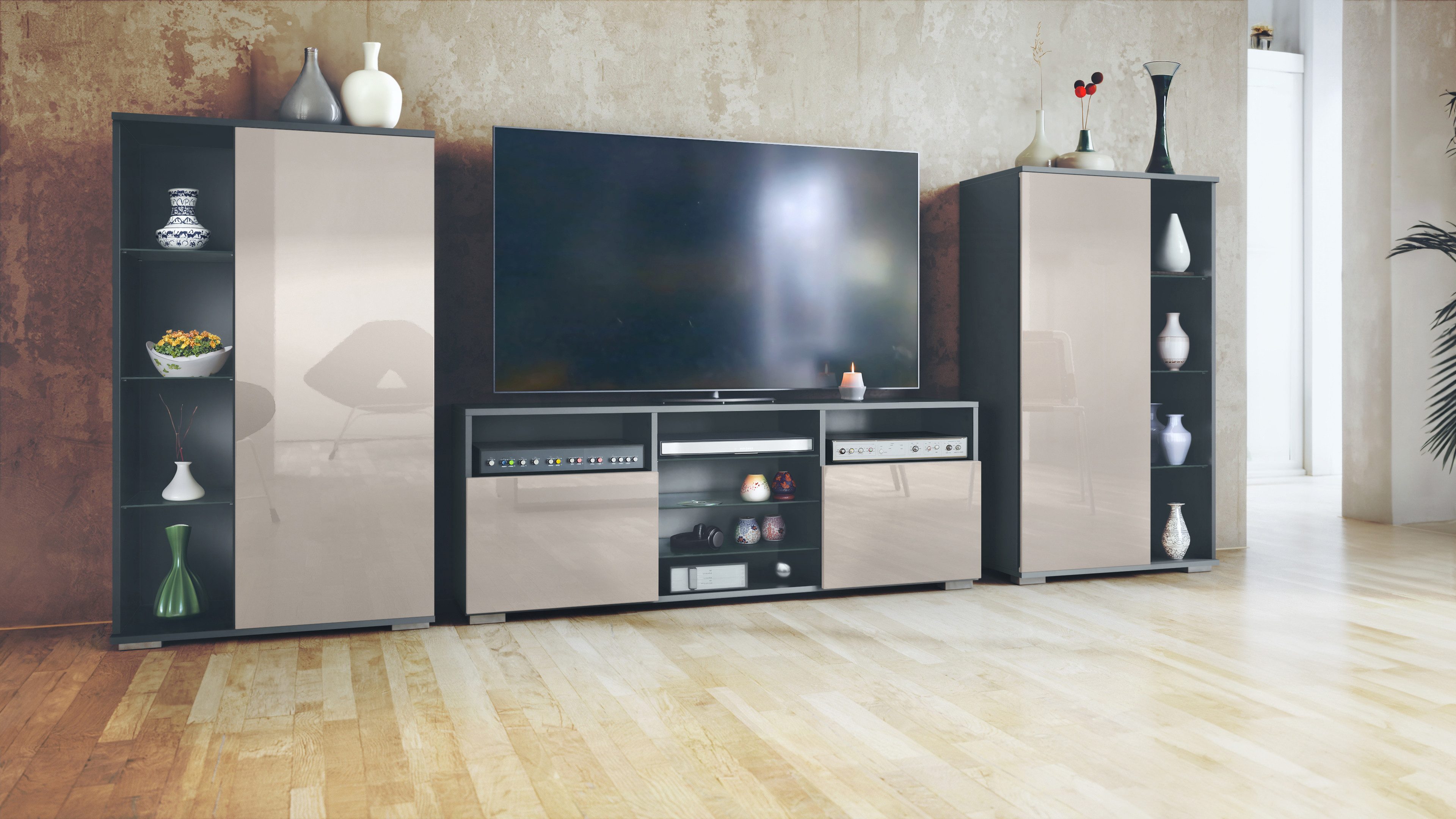 Vladon Wohnwand Davos, (Anbauwand, bestehend aus 2 Vitrinen und 1 TV-Board) günstig online kaufen