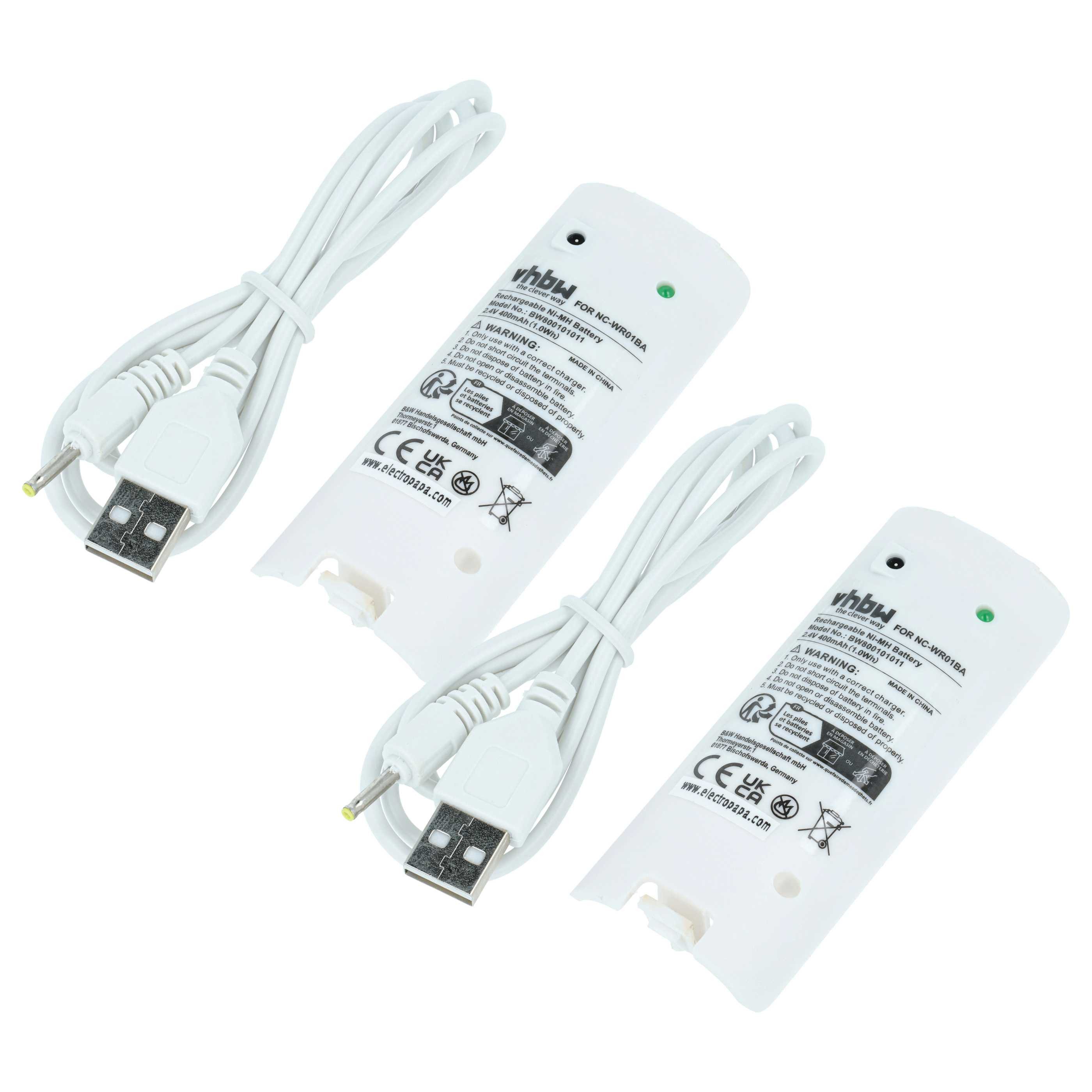 vhbw Akku passend für Nintendo Wii Controller, Remote Plus Gamepad (400 Akku Akku NiMH 400 mAh (2,4 V, 2 St), Leistungsfähige Austausch-Akkus für Gamepad Controller