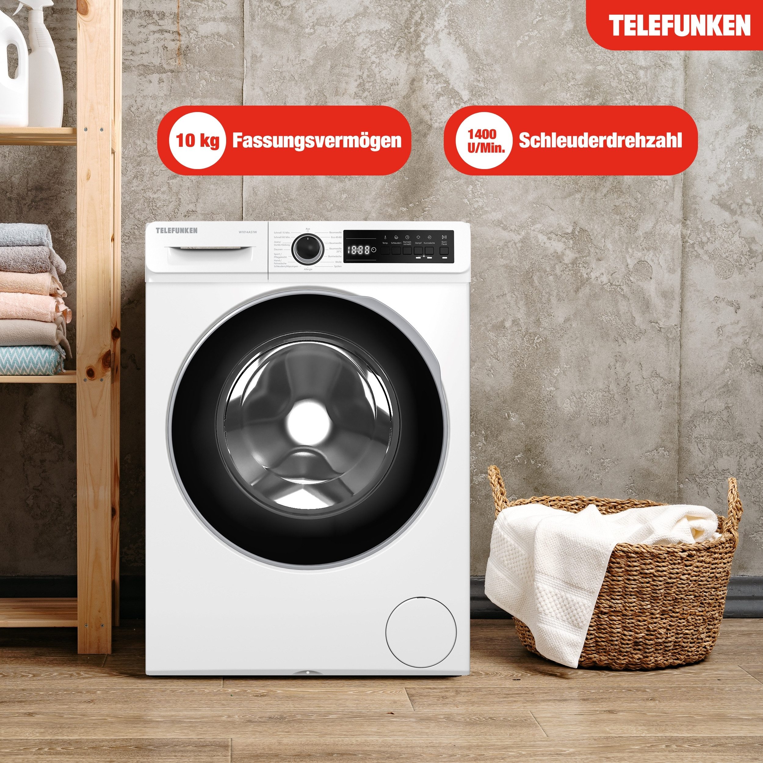 Telefunken Waschmaschine W1014AS1W, 10 kg, 1400 U/min, Frontlader, Inverter Motor, AquaStop, 10kg, Dampffunktion, EEK A, weiß