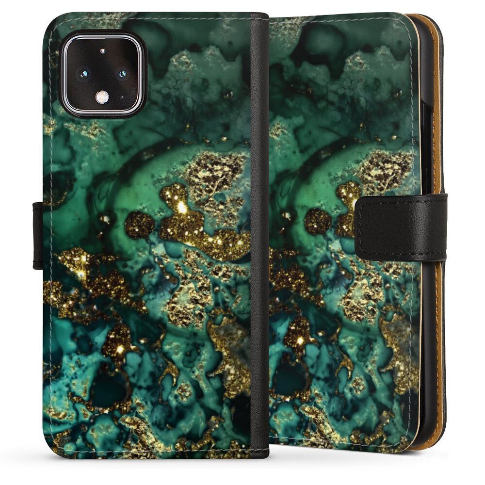 DeinDesign Handyhülle Marmor Glitzer Look Muster Cyan Glitter Marble Look, Google Pixel 4 Hülle Handy Flip Case Wallet Cover Handytasche Leder