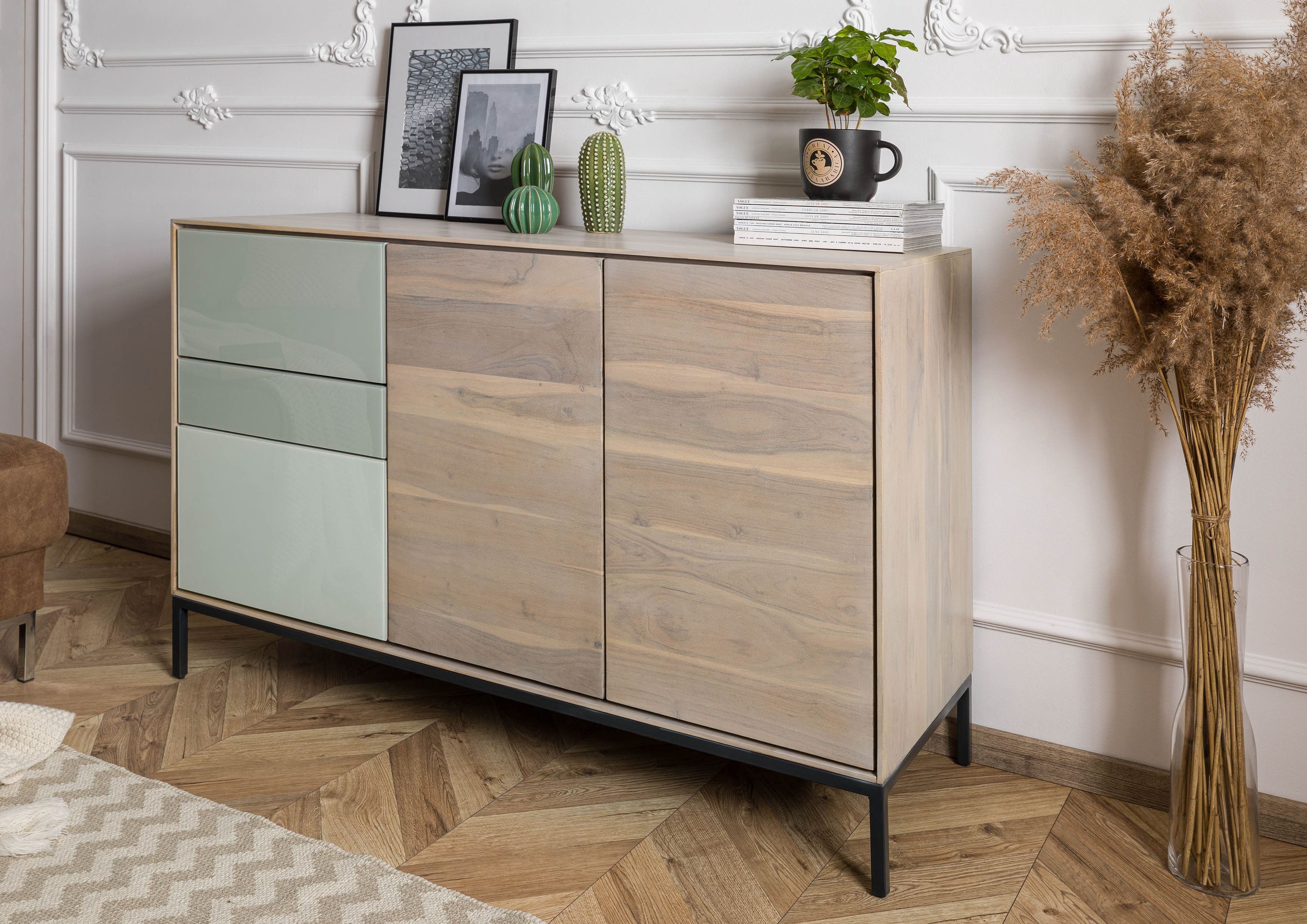 Massivmoebel24 Kommode CHICAGO (Massivholz), Kommode Akazie 134x45x85 grau-weiß geölt CHICAGO #07